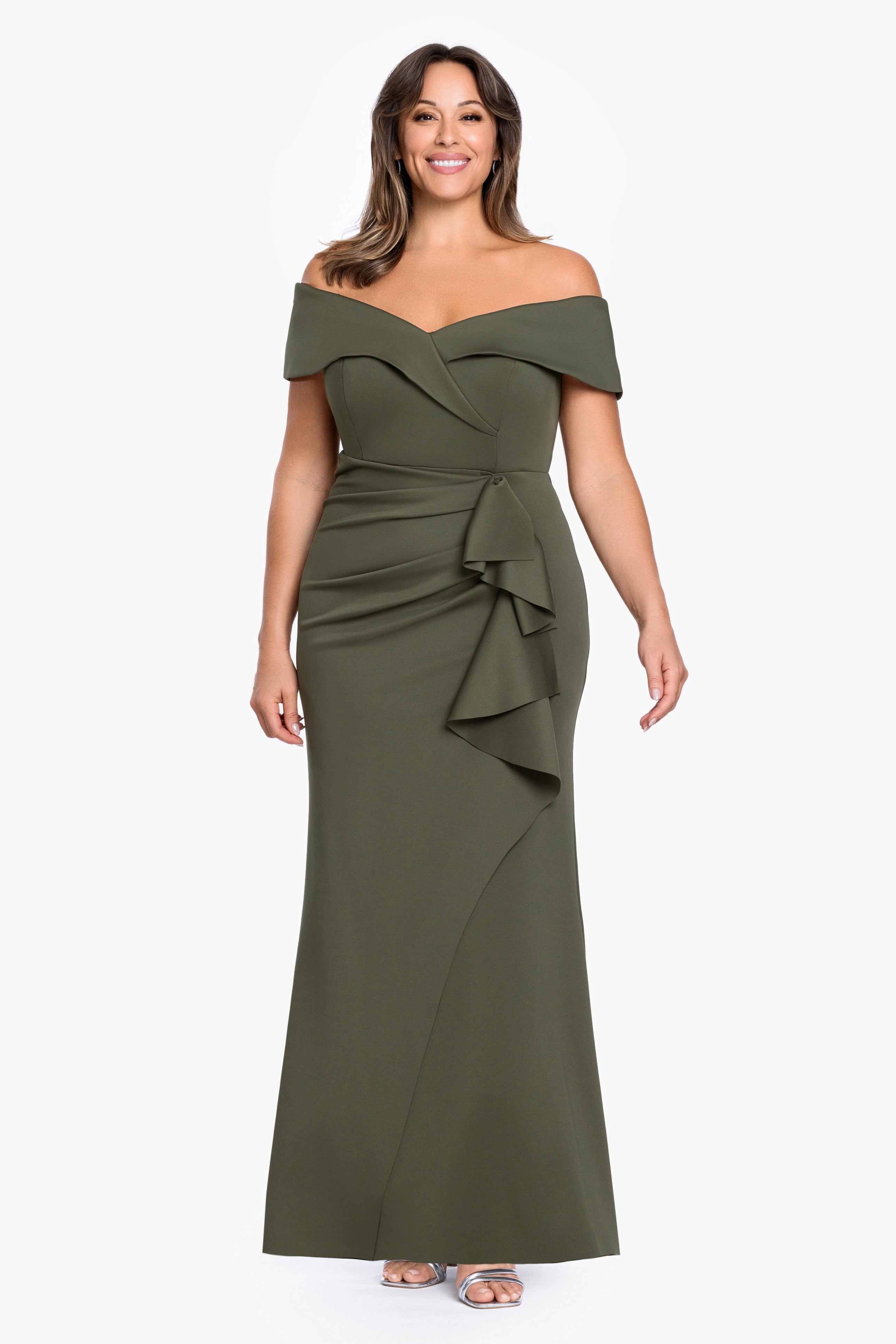 Plus "Patti" Long Off the Shoulder Techno Scuba Dress
