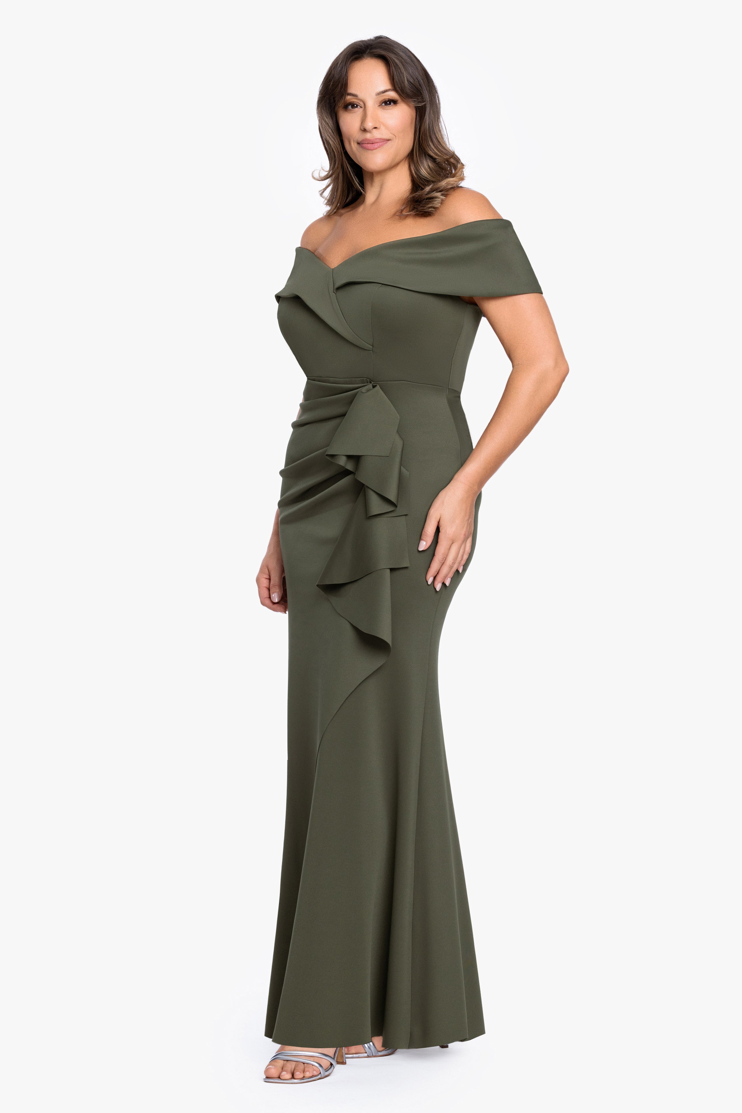 Plus "Patti" Long Off the Shoulder Techno Scuba Dress