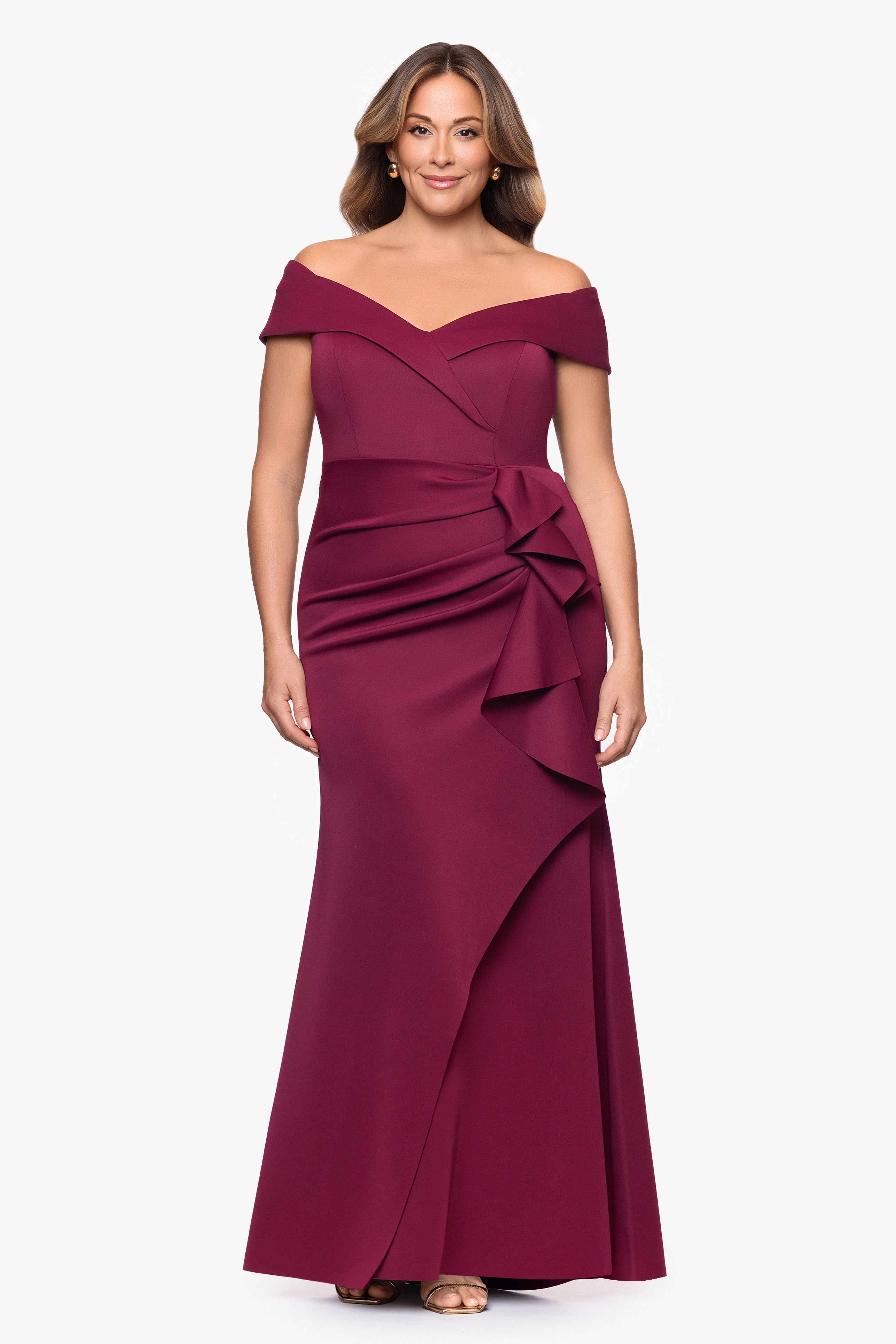 Plus "Patti" Long Off the Shoulder Scuba Crepe Dress