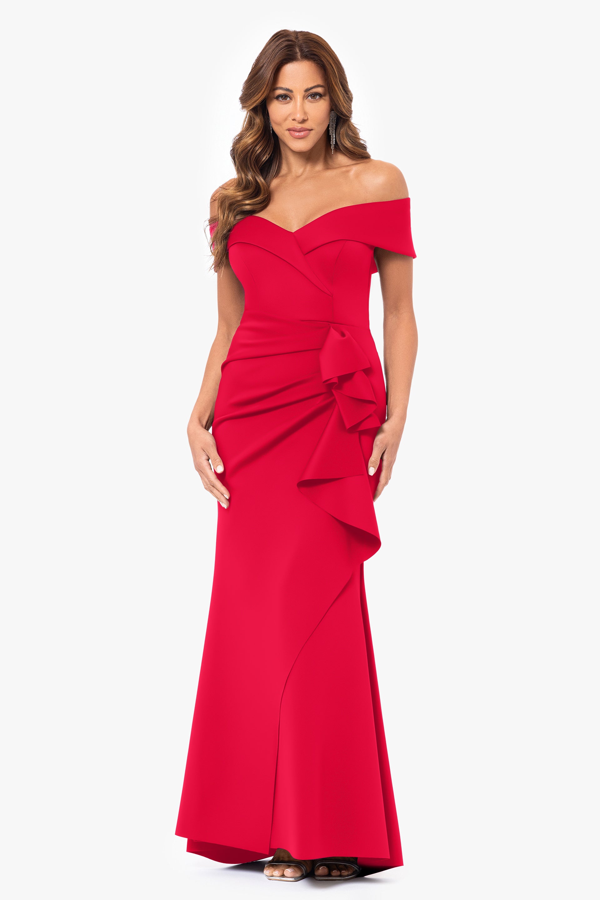 "Patti" Long Off Shoulder Techno Scuba Dress