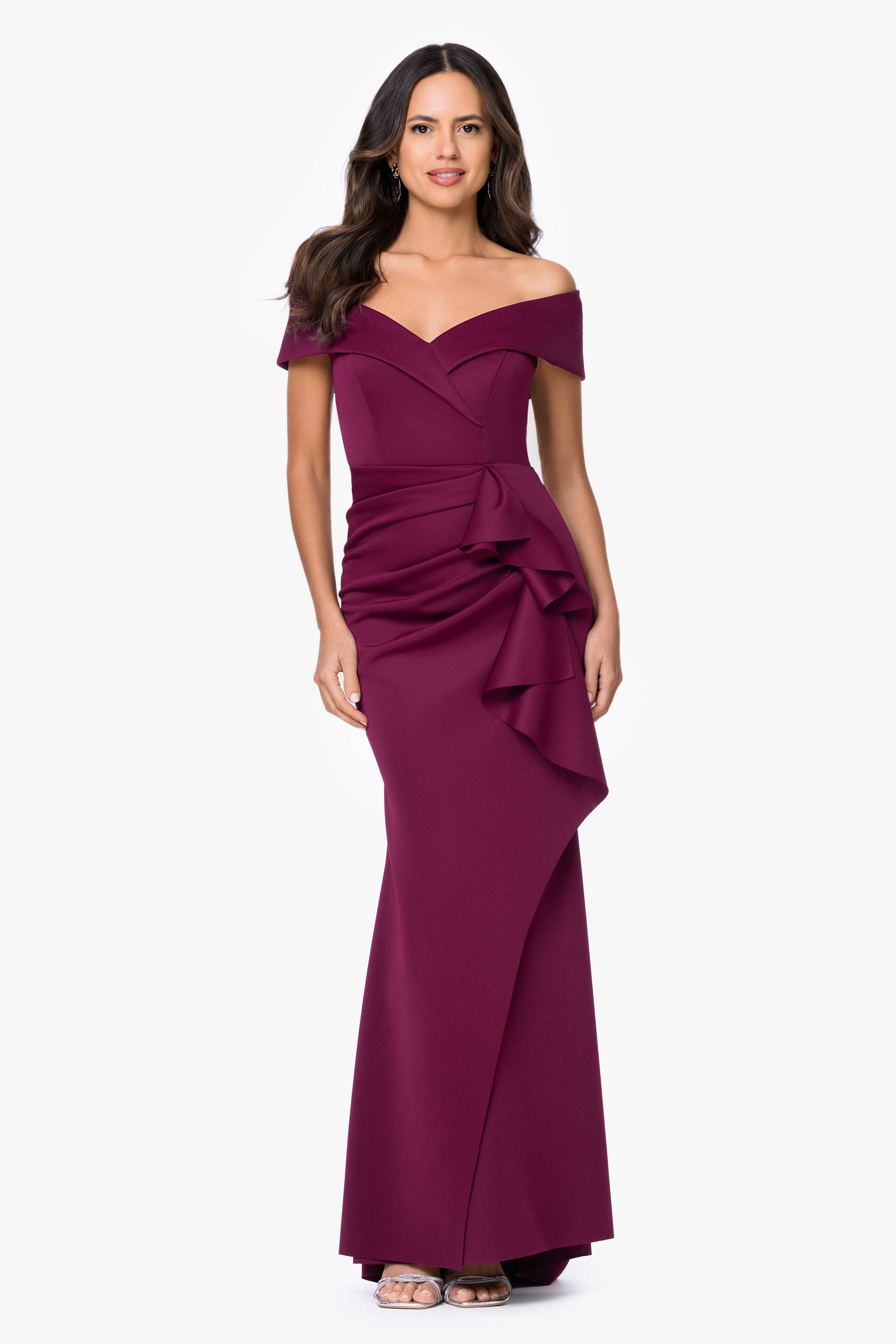 "Patti" Long Off the Shoulder Techno Scuba Dress