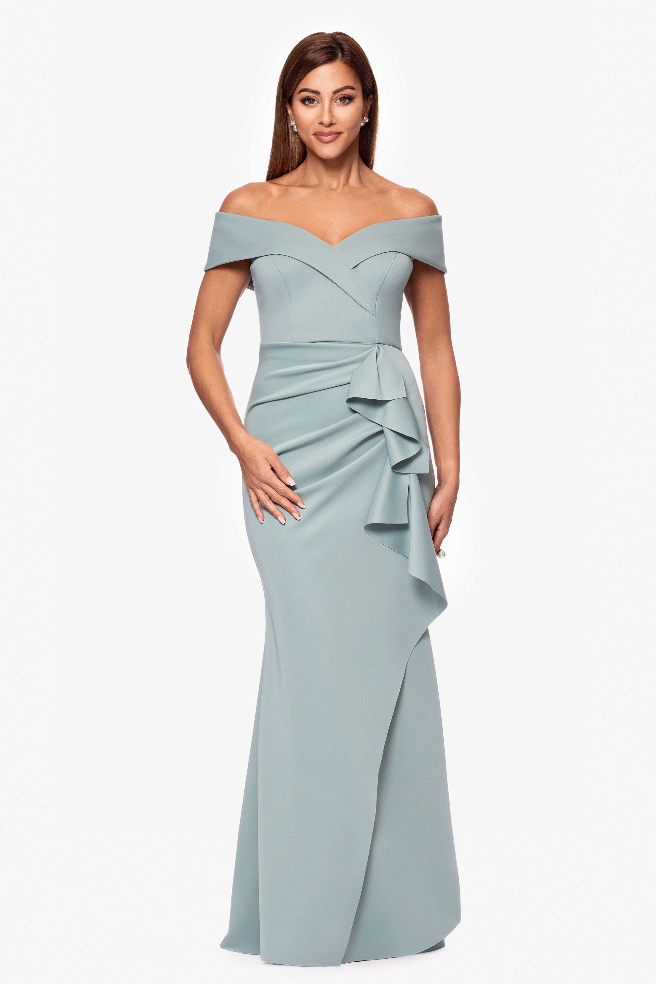 Petite "Patti" Long Off the Shoulder Scuba Crepe Dress