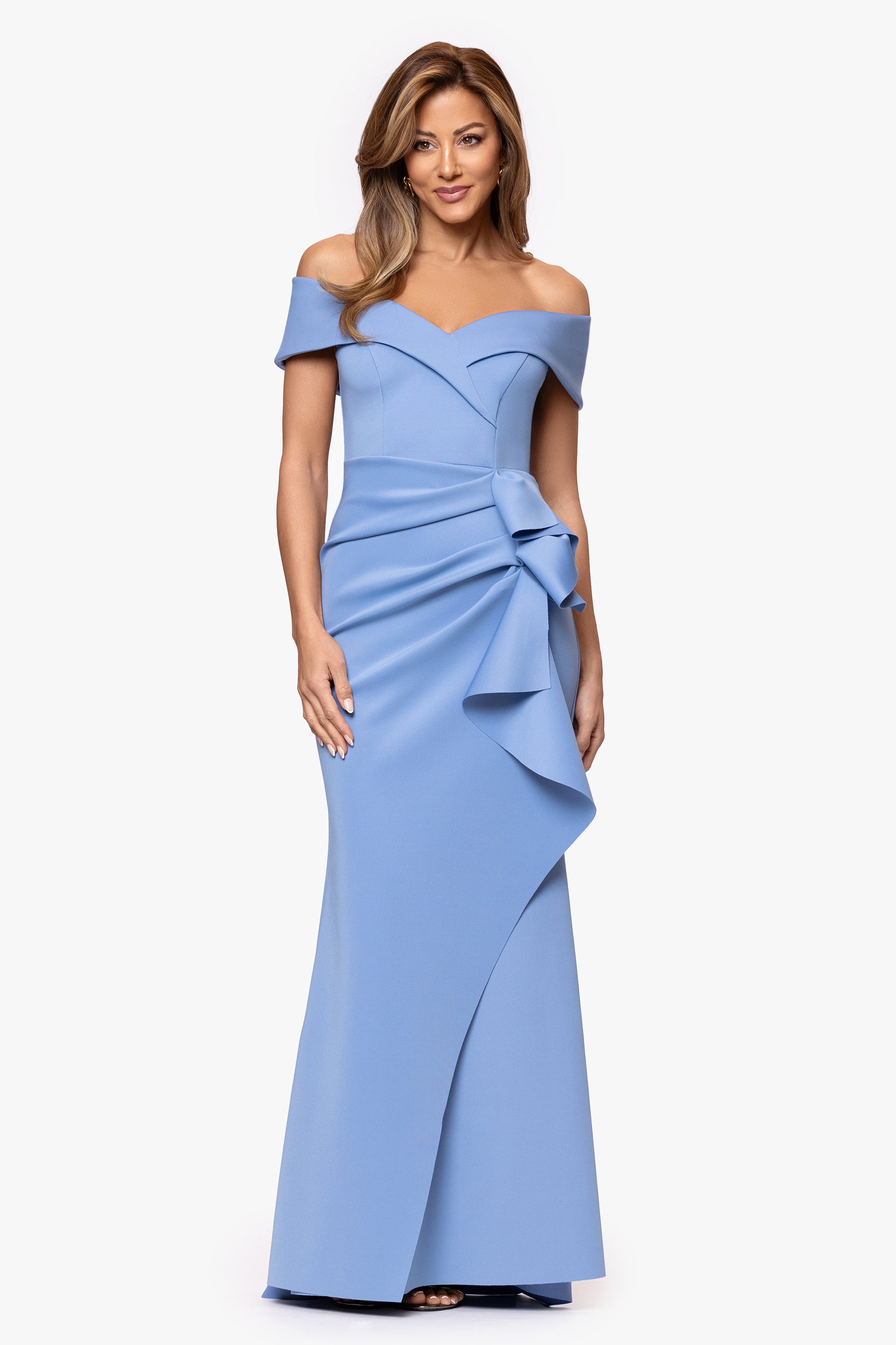"Patti" Techno Scuba Off Shoulder Dress