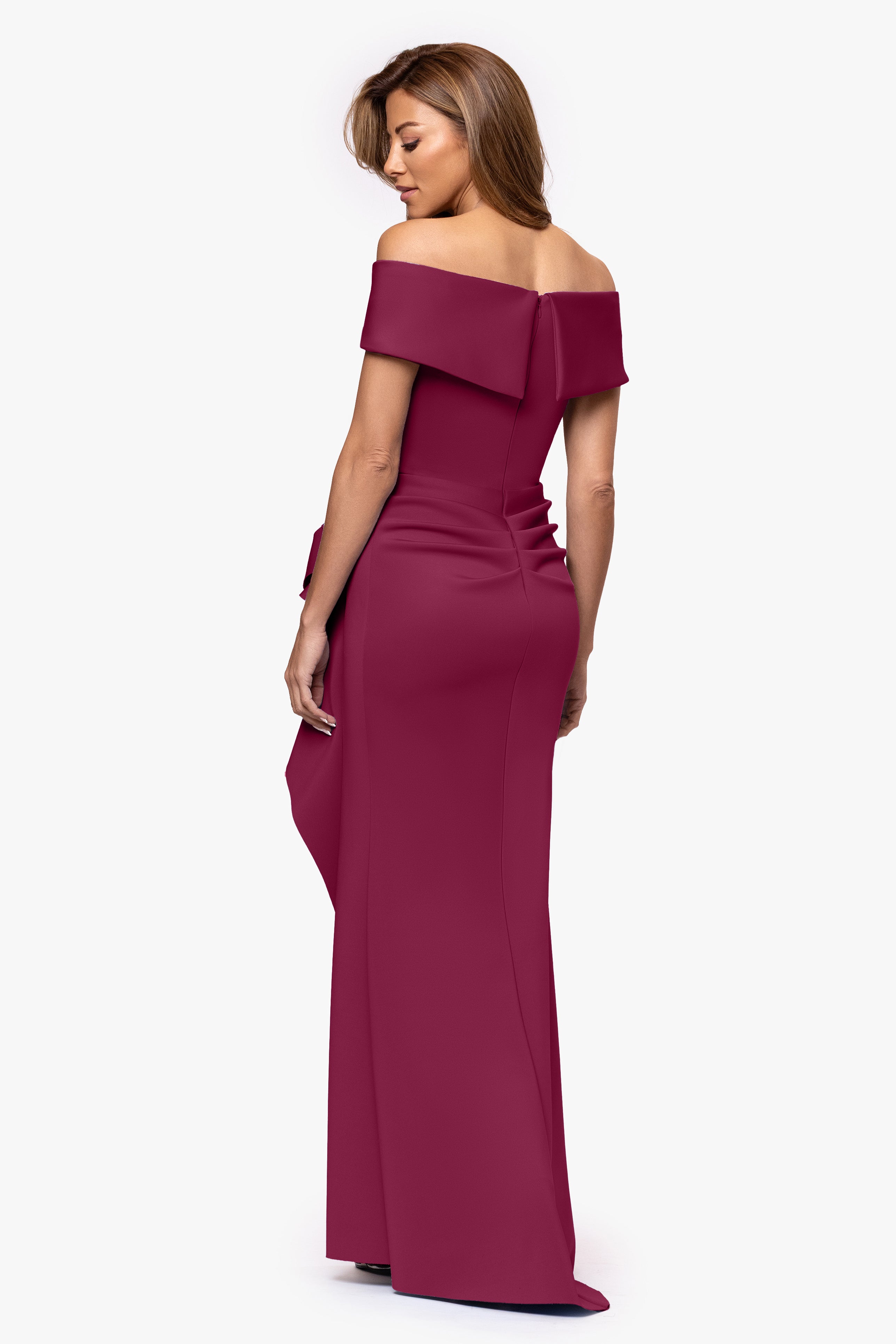 "Patti" Long Off the Shoulder Techno Scuba Dress