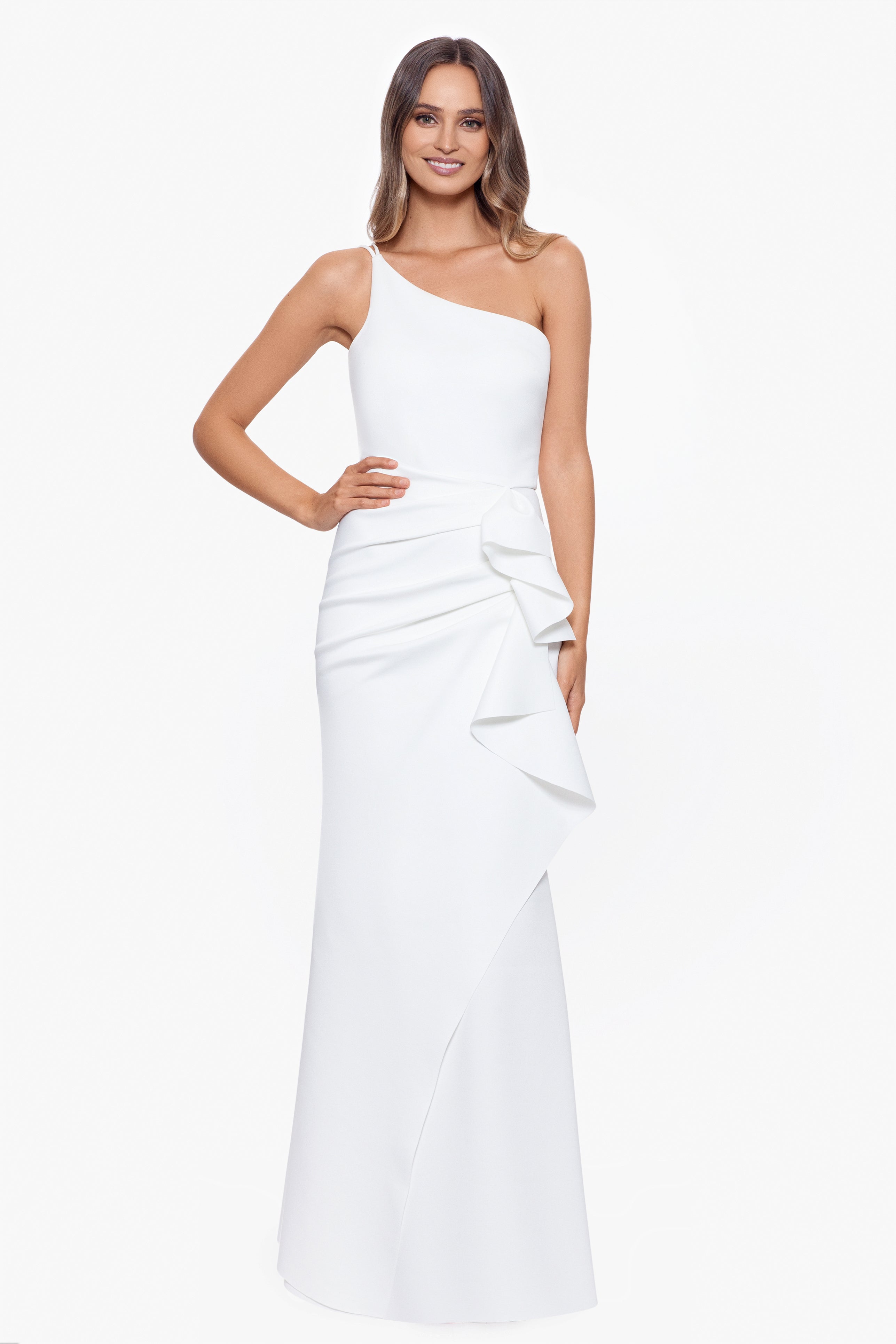 Petite "Daniella" Long One Shoulder Scuba Crepe Ruffle Dress