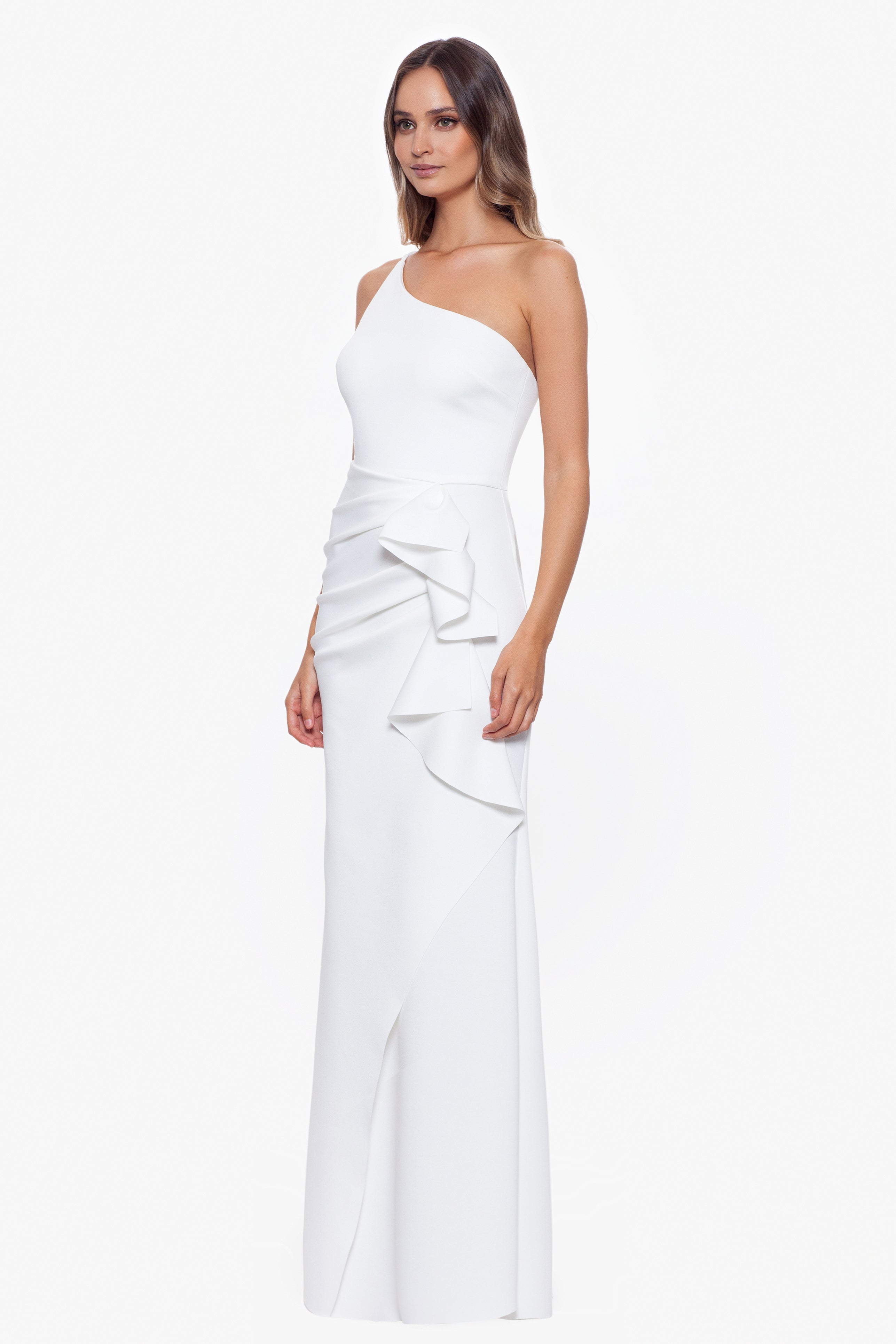 Petite "Daniella" Long One Shoulder Scuba Crepe Ruffle Dress