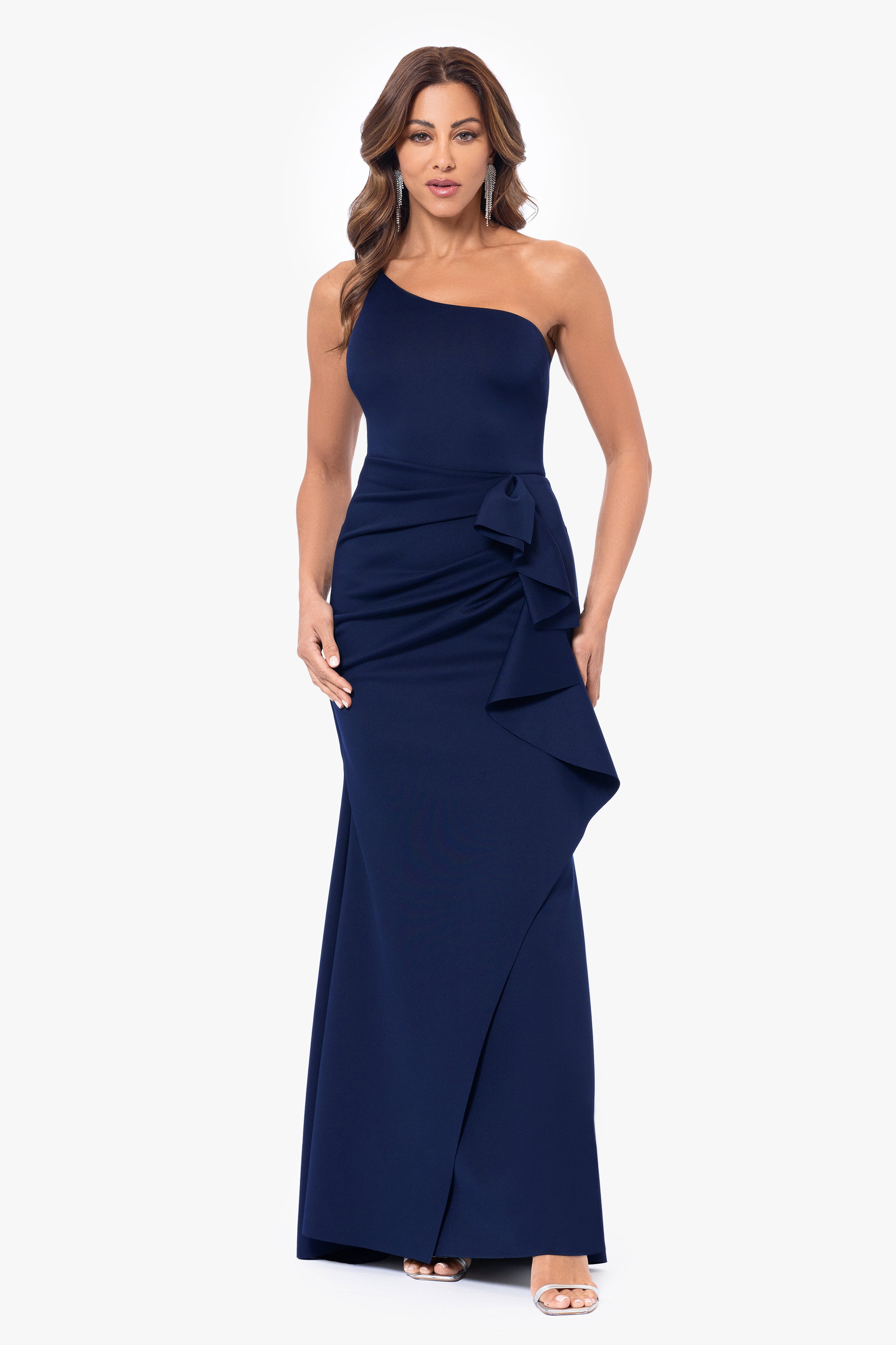 "Daniella" Long One Shoulder Scuba Crepe Ruffle Dress