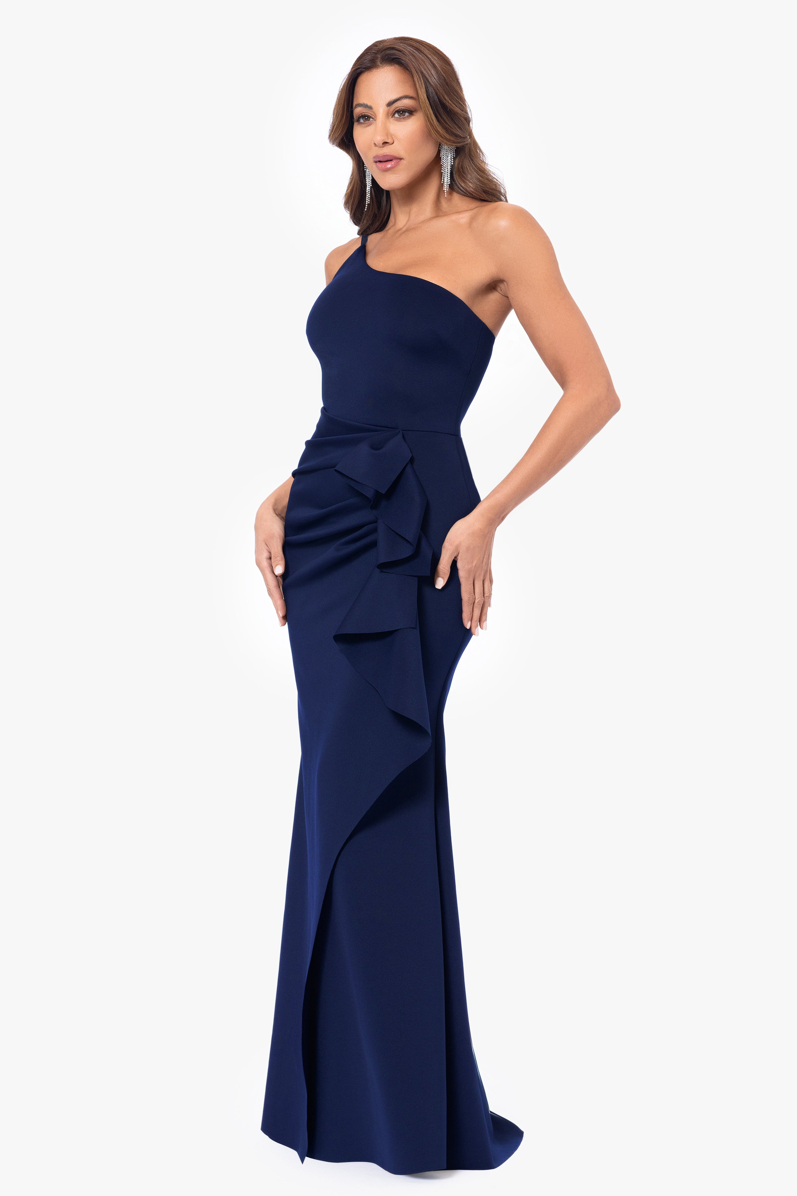 "Daniella" Long One Shoulder Scuba Crepe Ruffle Dress