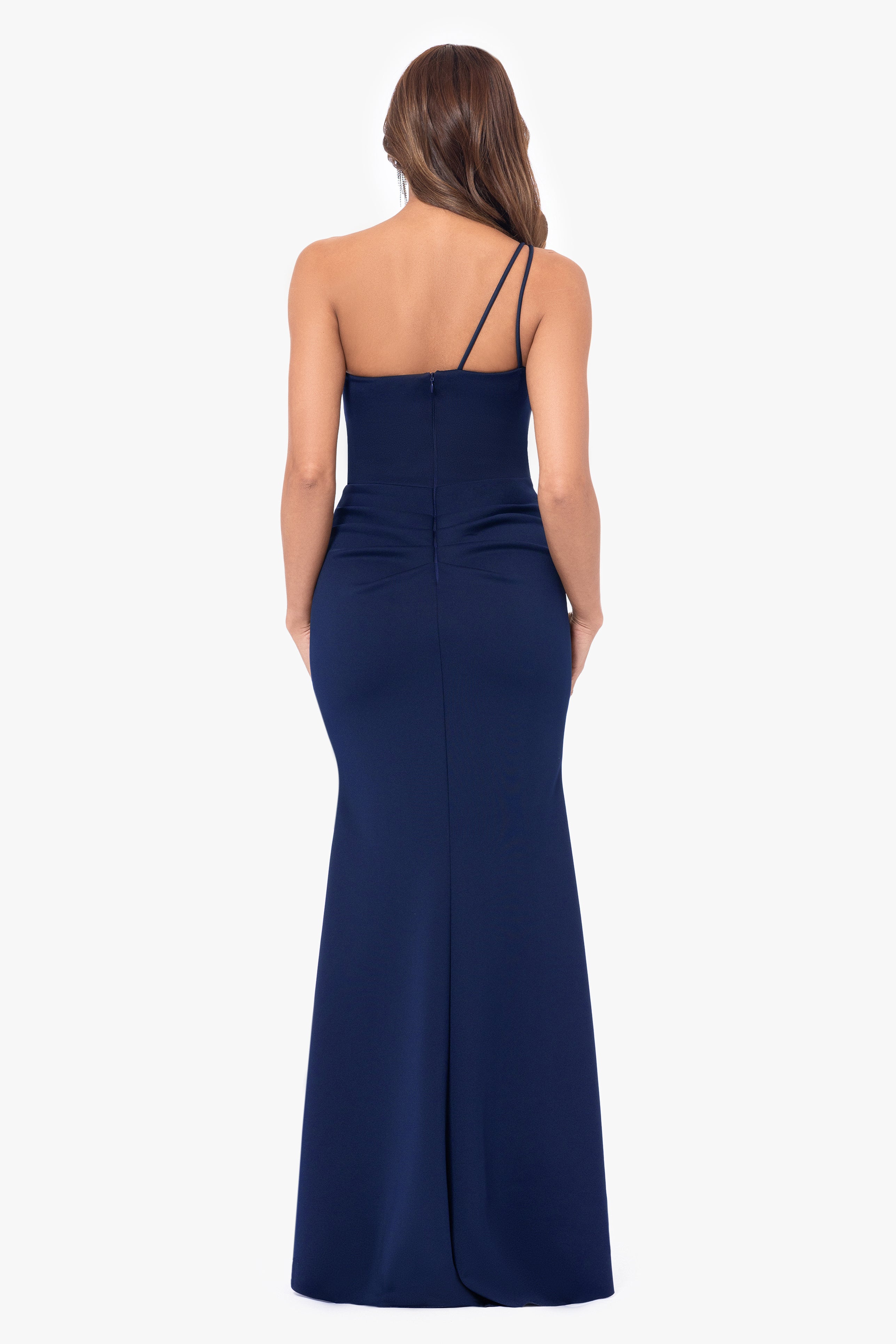 "Daniella" Long One Shoulder Scuba Crepe Ruffle Dress