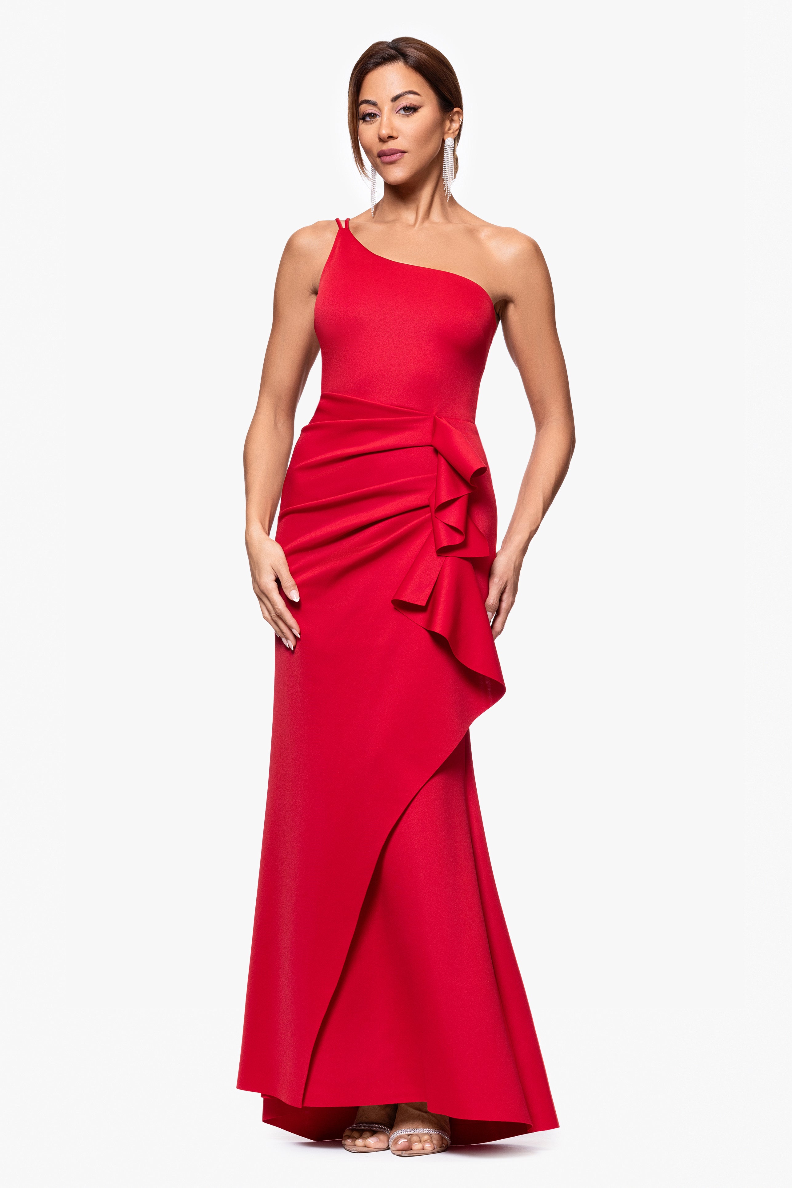 Petite "Daniella" Long One Shoulder Scuba Crepe Ruffle Dress