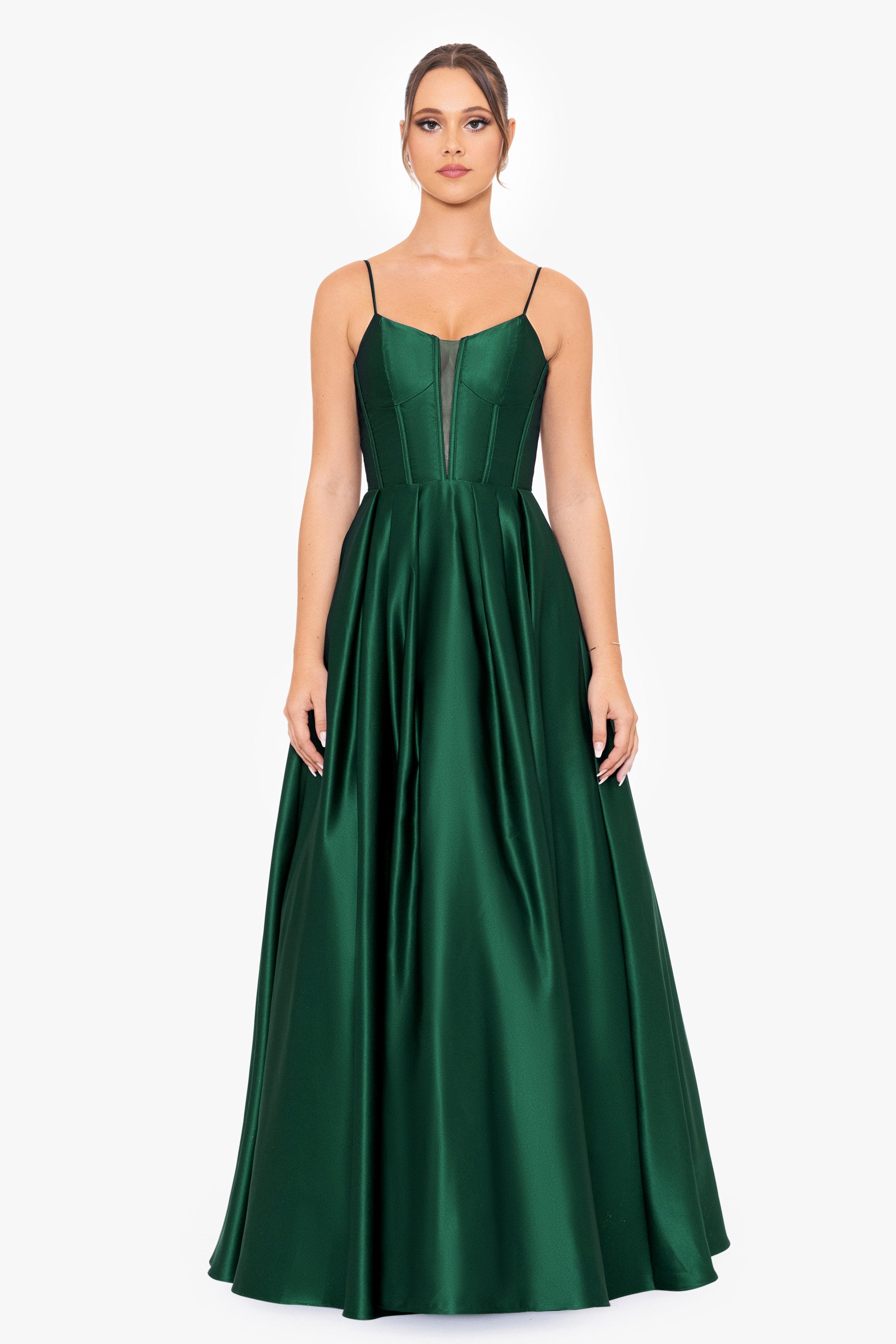 "Carol" Long Satin Mesh Insert Ballgown