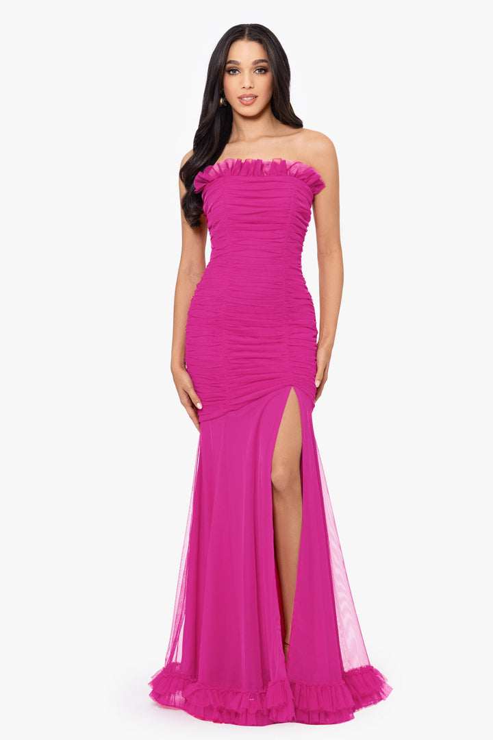 "Joey" Long Strapless Mesh Ruffle Dress