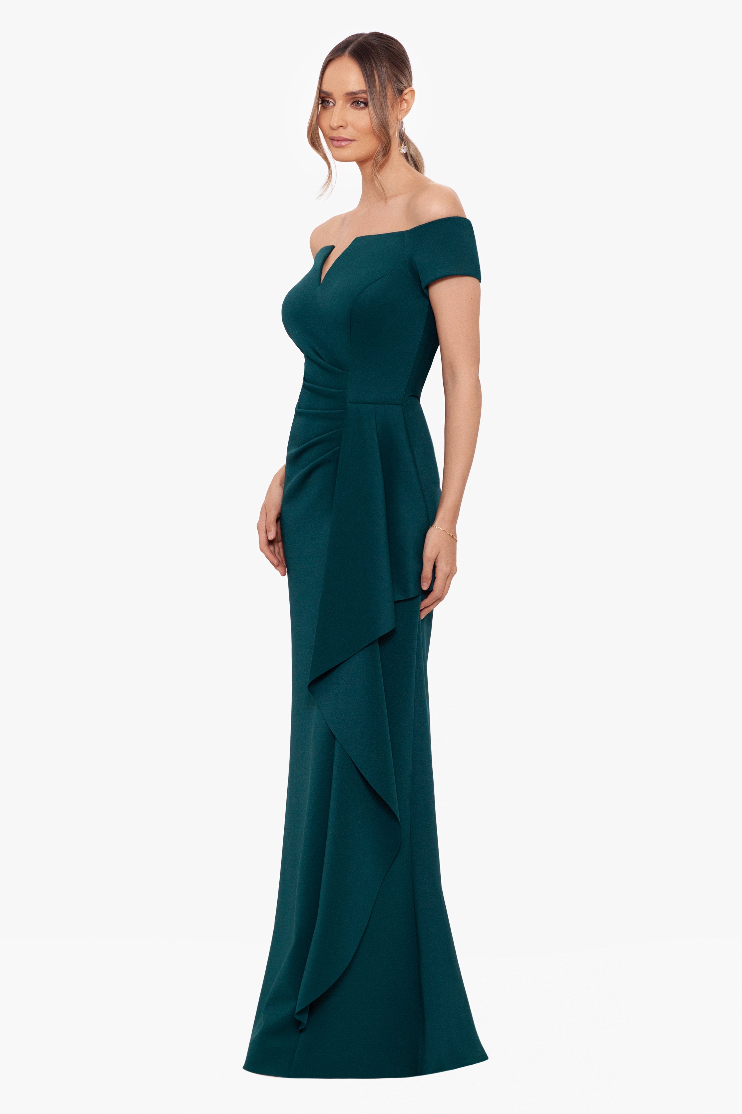 "Jenine" Long Scuba Crepe Off the Shoulder Dress