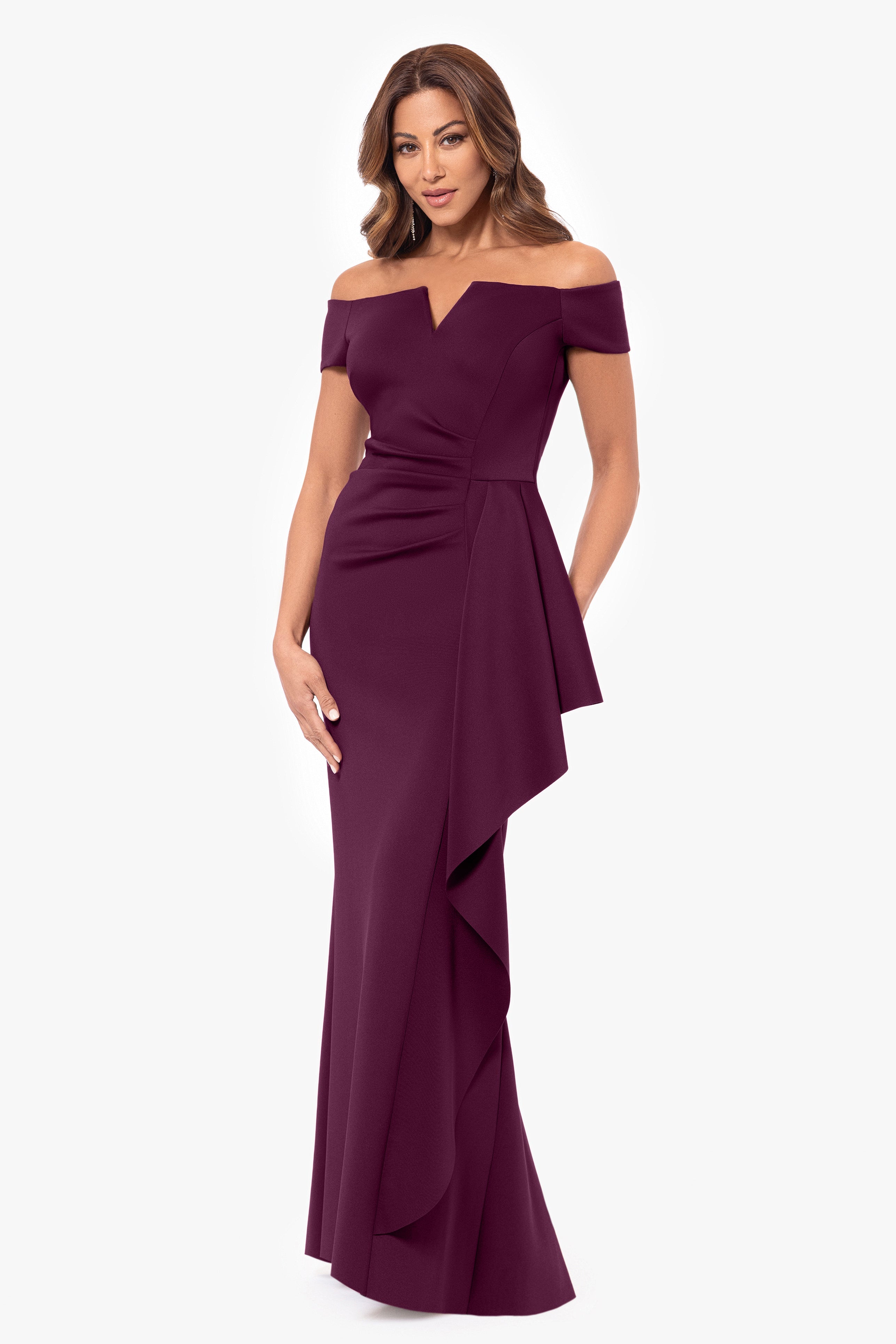 "Jenine" Long Scuba Crepe Off the Shoulder Dress