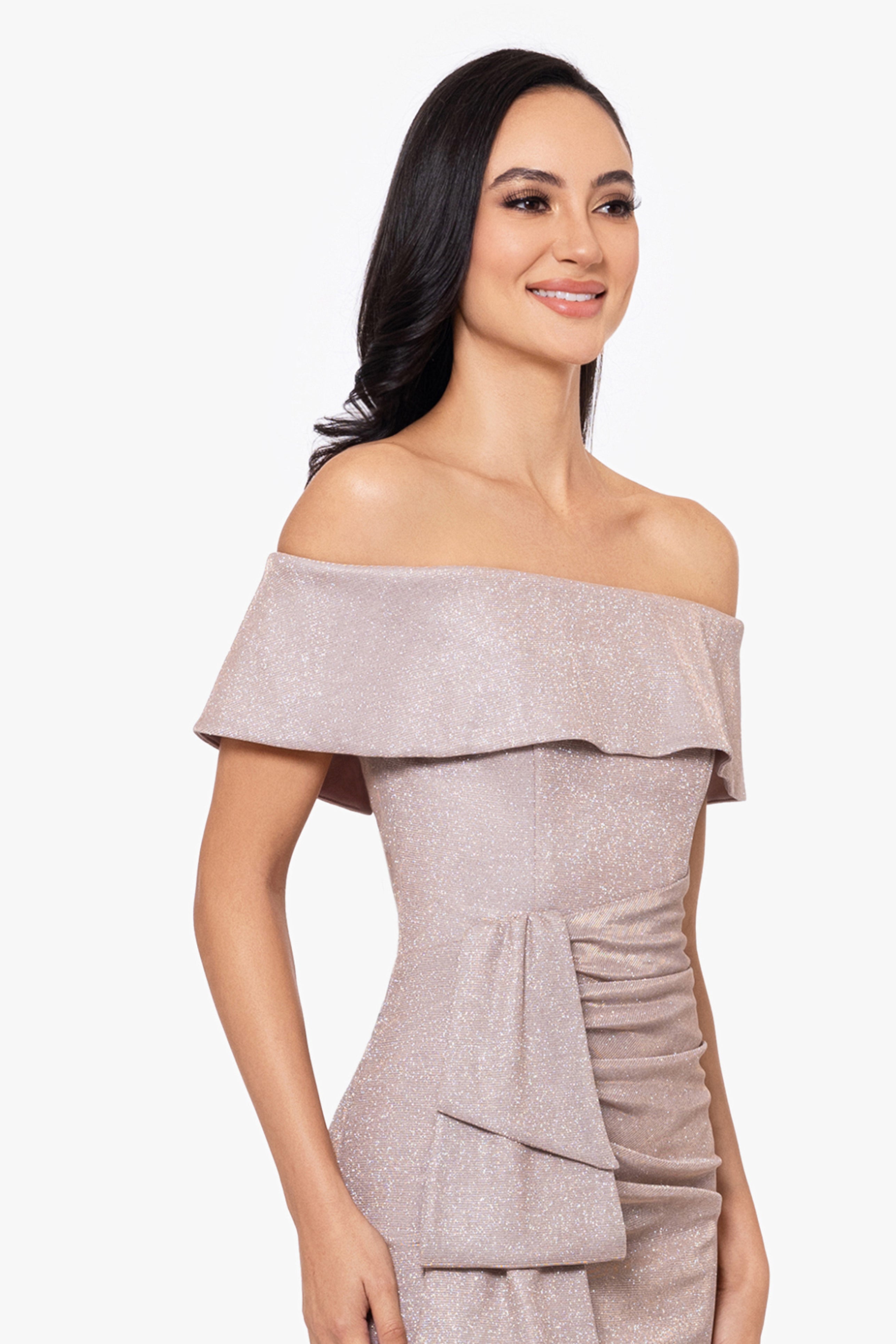 "Tessa" Long Glitter Off the Shoulder Ruffle Dress