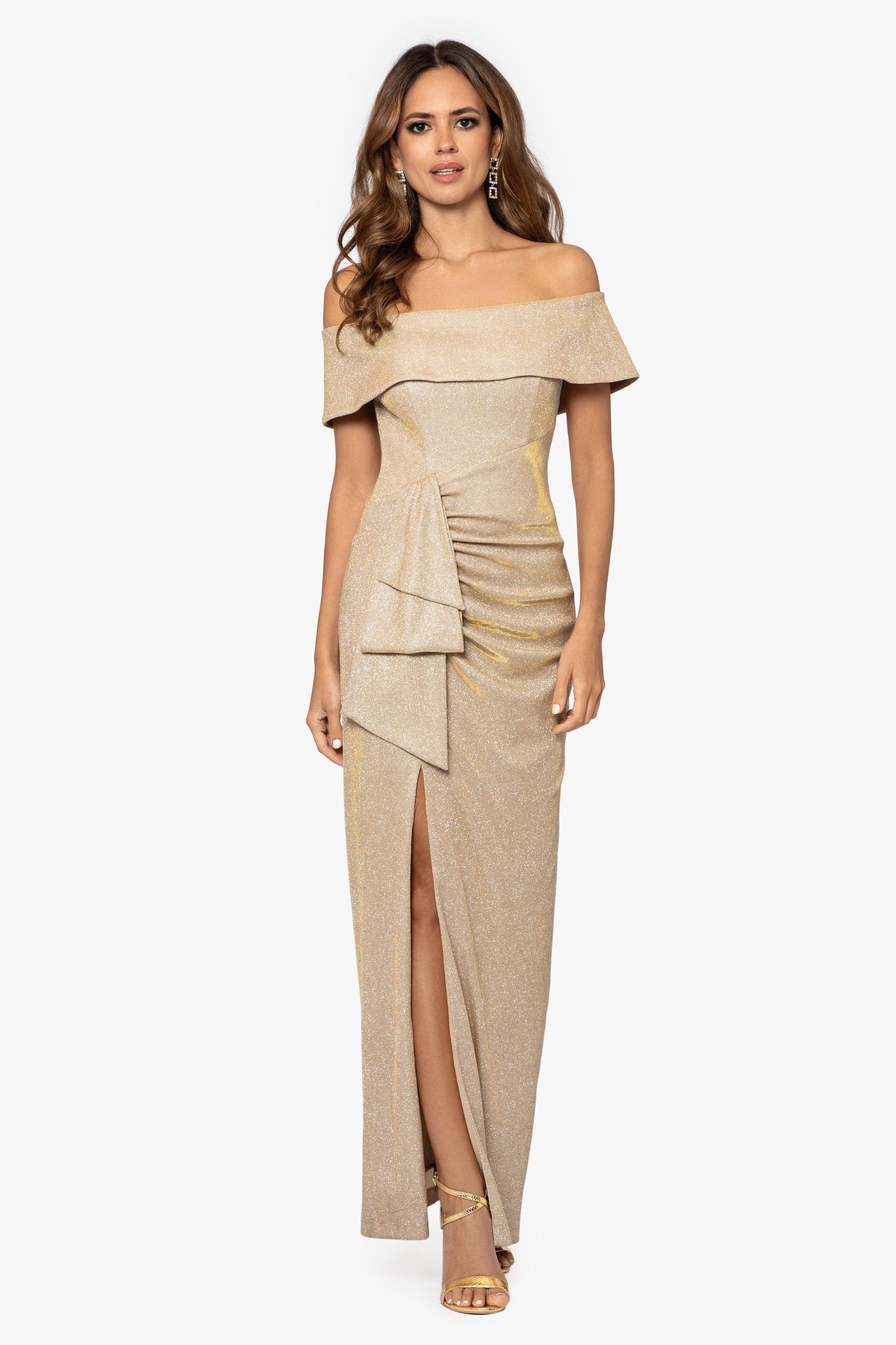 "Tessa" Long Glitter Off Shoulder Ruffle Dress