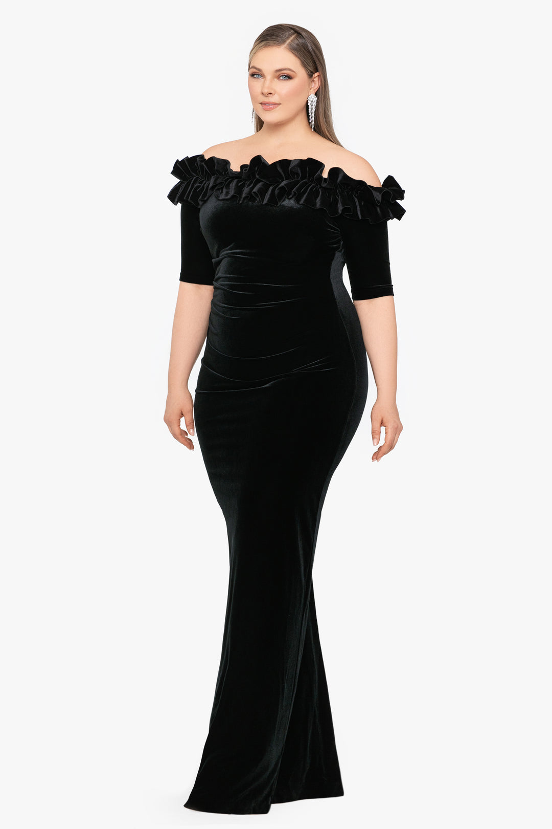 Plus "Tiffany" Long Velvet 3/4 Sleeve Ruffle Top Dress