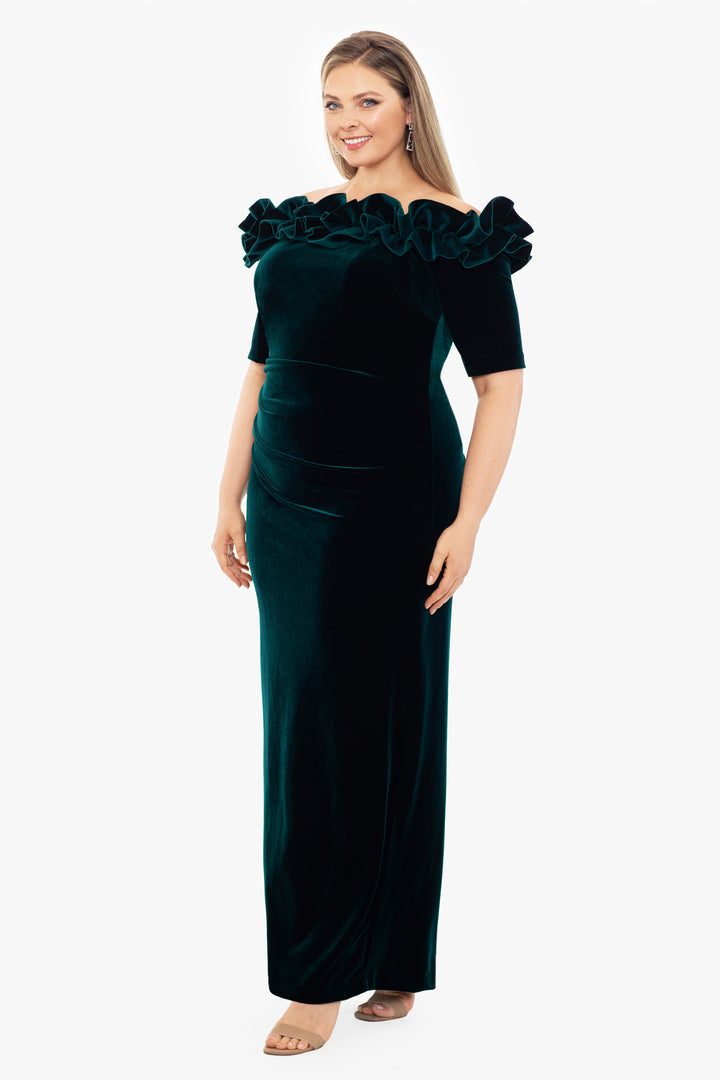 Plus "Tiffany" Long Velvet 3/4 Sleeve Ruffle Top Dress