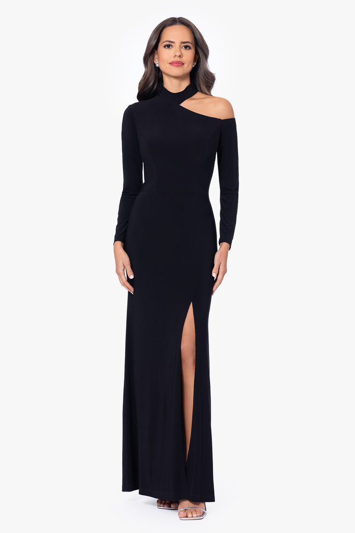 Petite "Aletta" Jersey Knit Long Sleeve One Shoulder Cut Out Long Dress