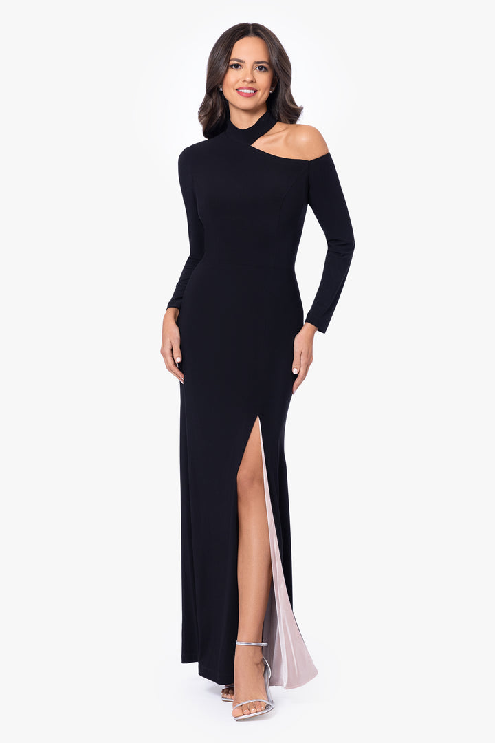 "Aletta" Jersey Knit Long Sleeve One Shoulder Cut Out Long Dress