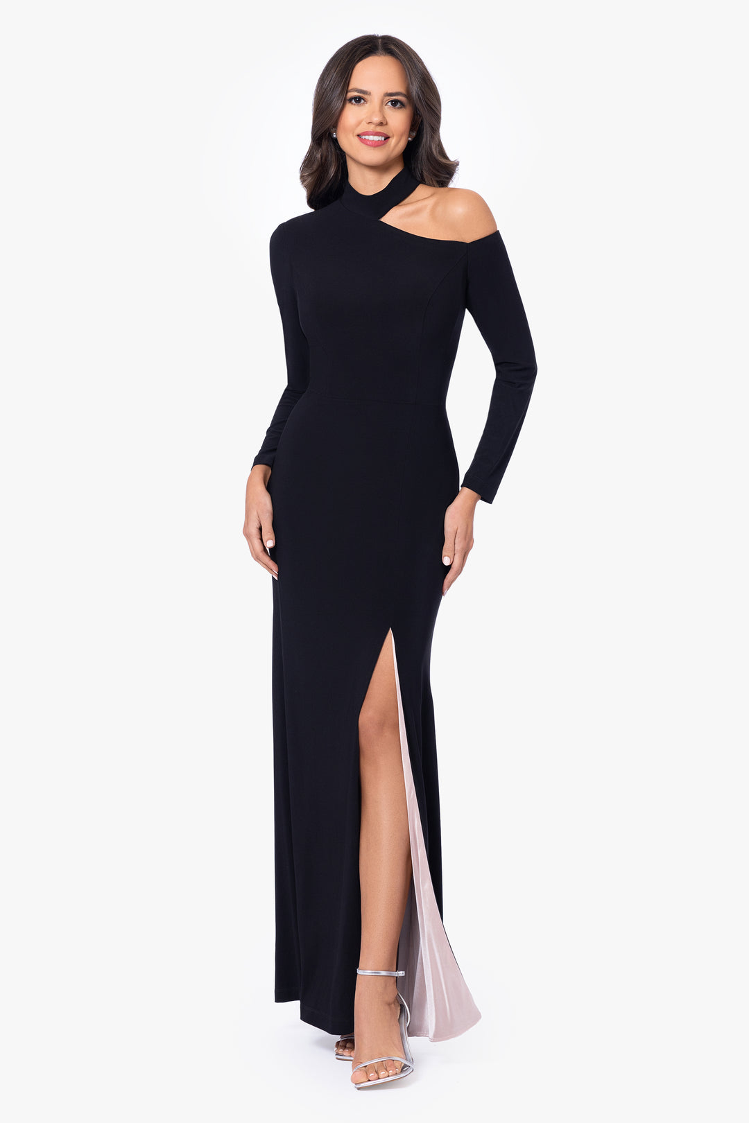 Petite "Aletta" Jersey Knit Long Sleeve One Shoulder Cut Out Long Dress