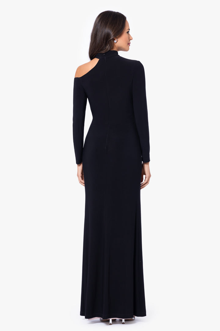 "Aletta" Jersey Knit Long Sleeve One Shoulder Cut Out Long Dress