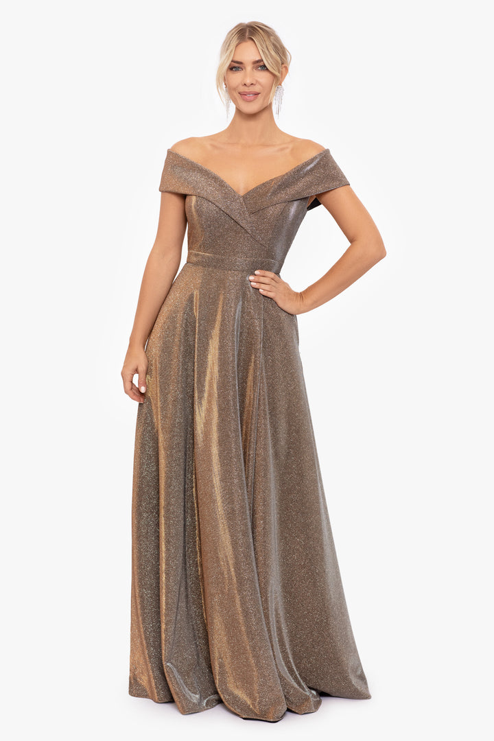 Petite "Estelle" Off The Shoulder Long Glitter Dress