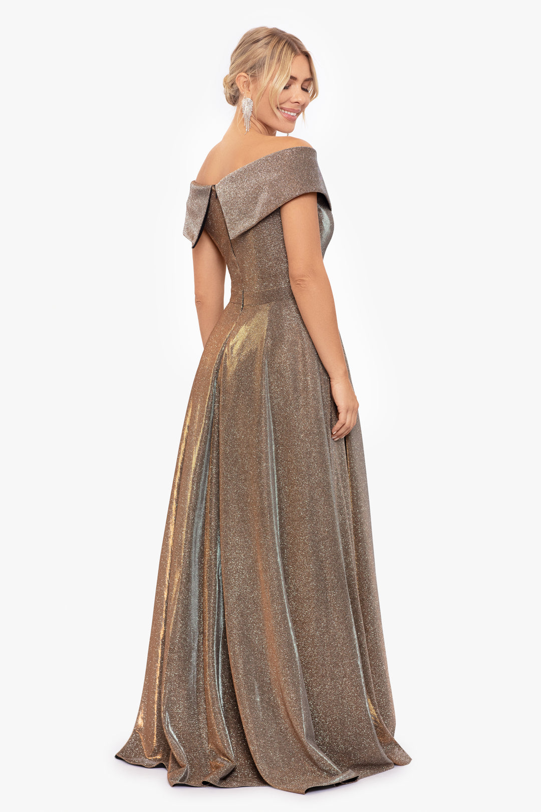 Petite "Estelle" Off The Shoulder Long Glitter Dress