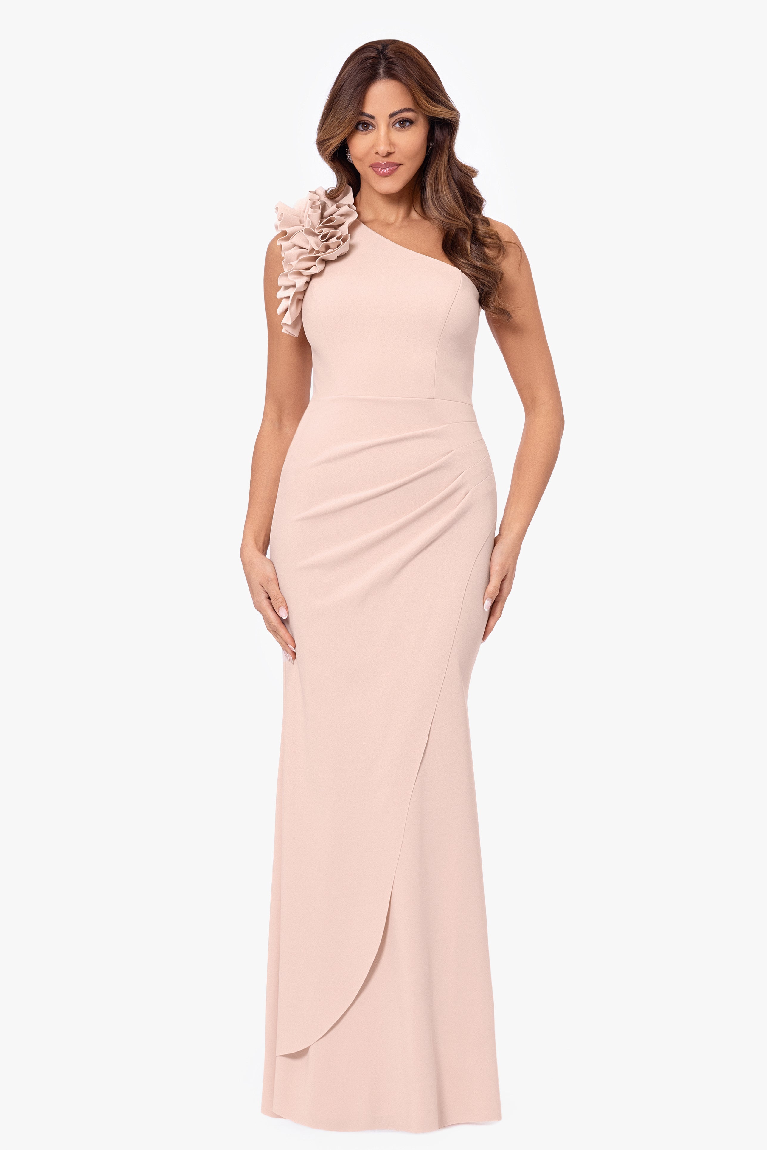 Petite "Ivy" One Shoulder Ruffle Scuba Crepe Dress