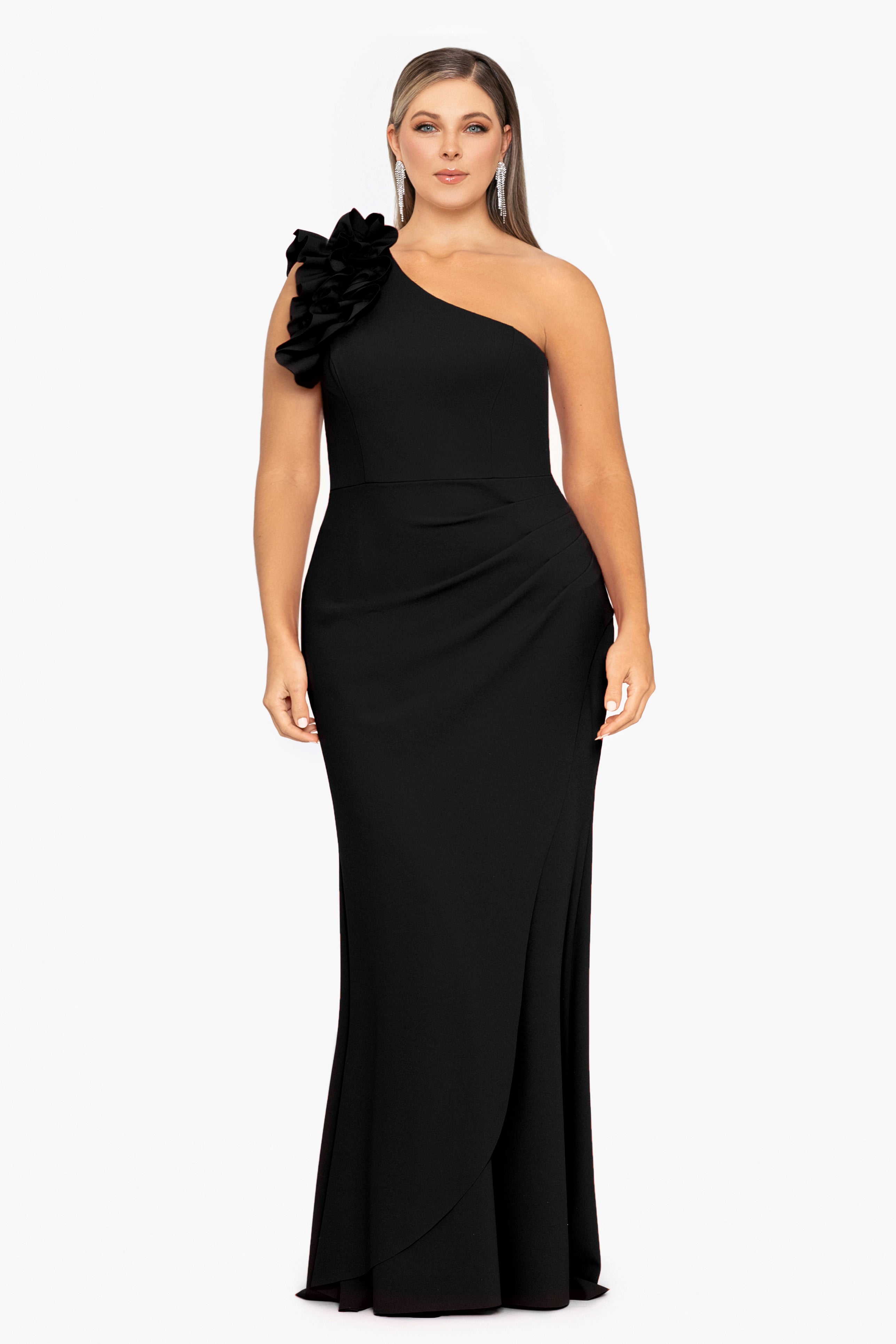 Plus "Ivy" One Shoulder Ruffle Scuba Crepe Dress