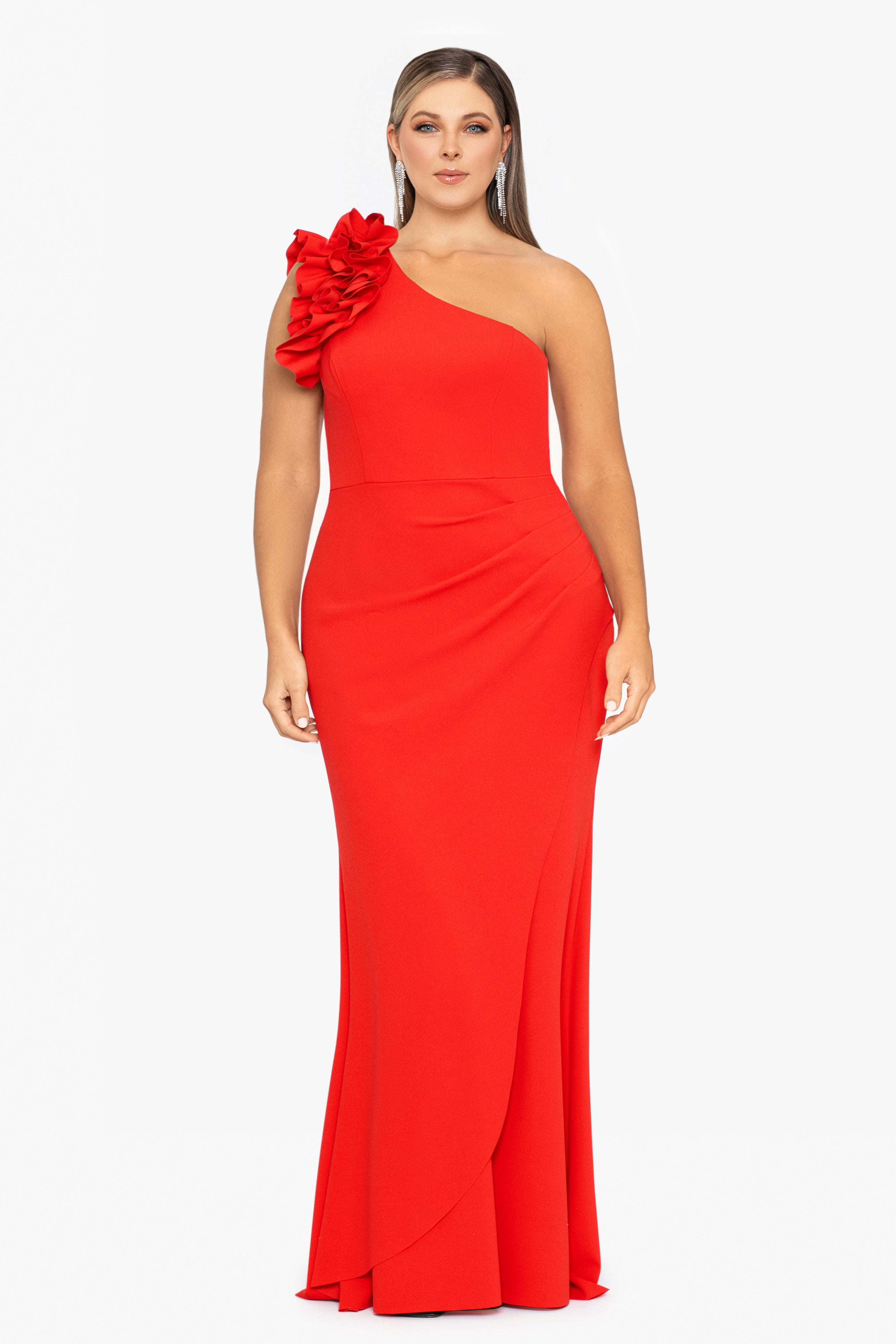 Plus "Ivy" One Shoulder Ruffle Scuba Crepe Dress