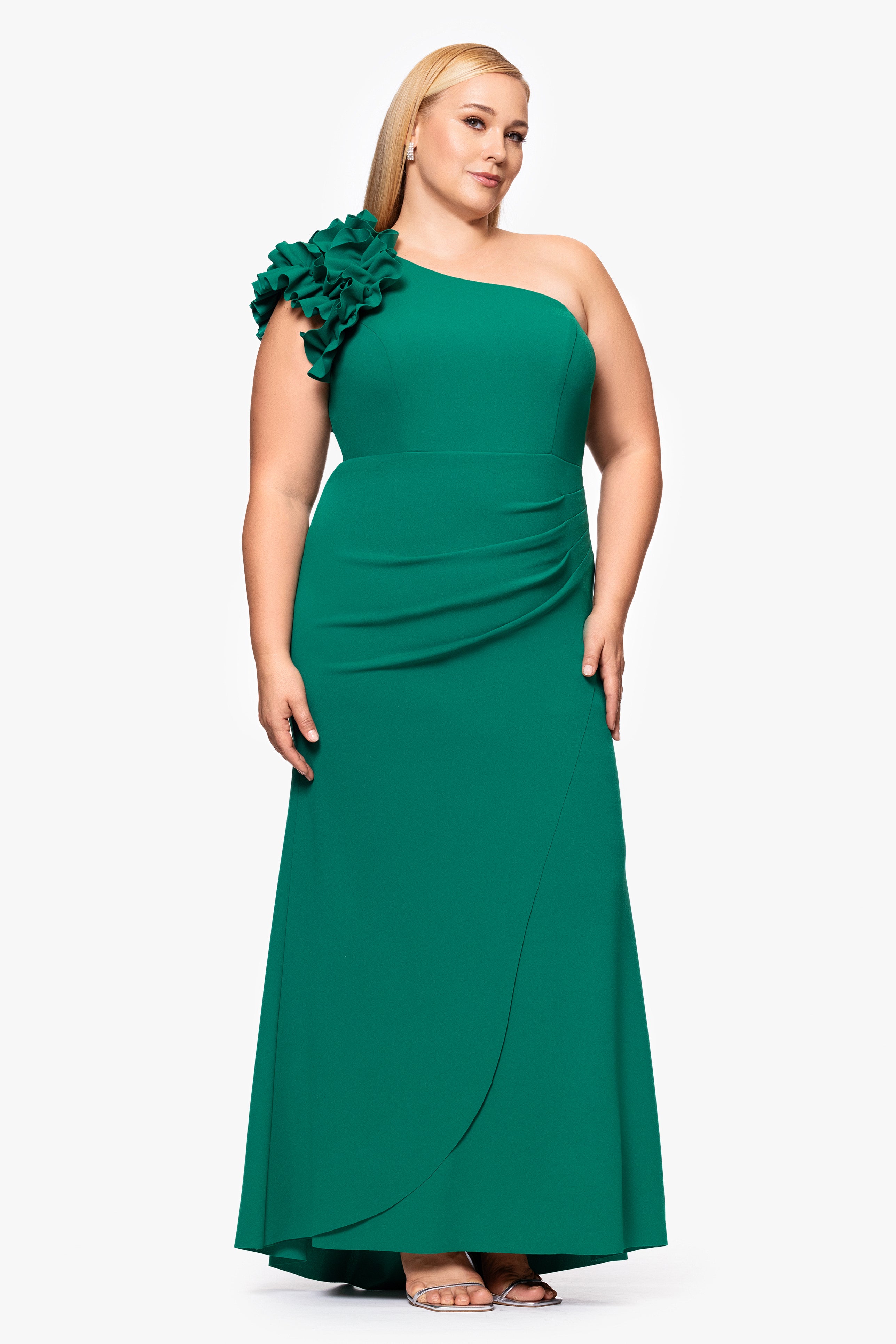 Plus "Ivy" One Shoulder Ruffle Scuba Crepe Dress