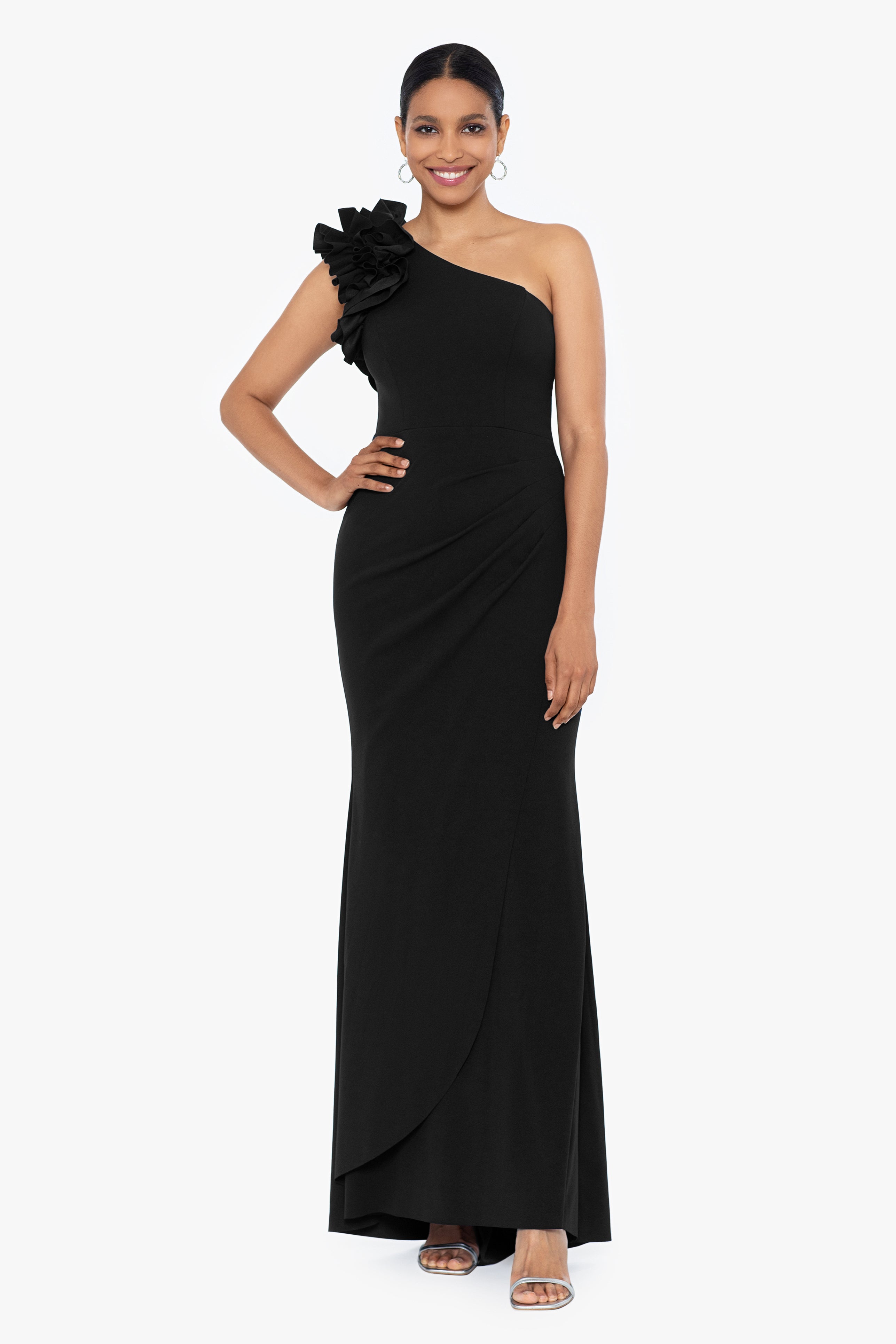 "Ivy" One Shoulder Ruffle Scuba Crepe Dress