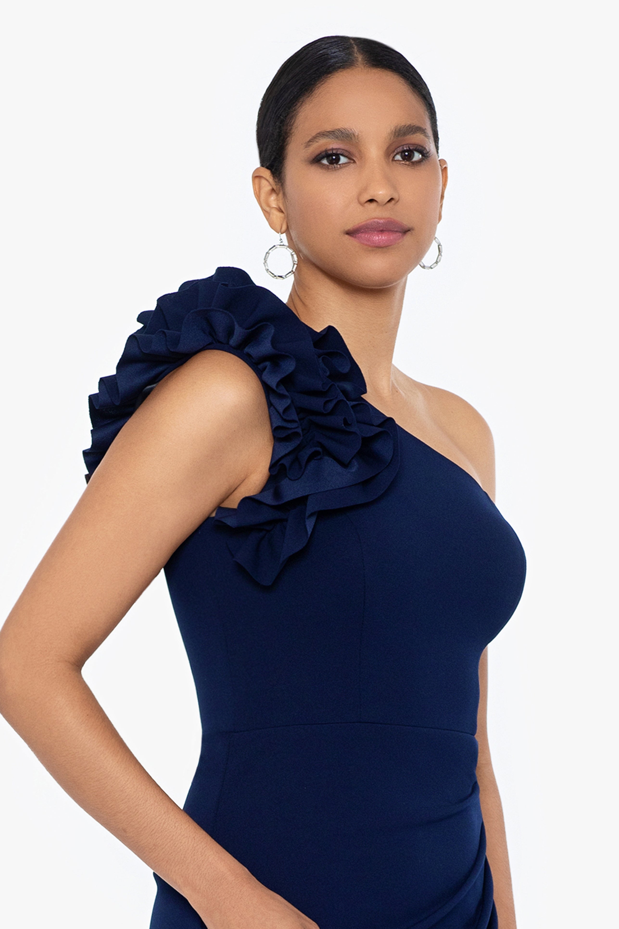 Petite "Ivy" One Shoulder Ruffle Scuba Crepe Dress