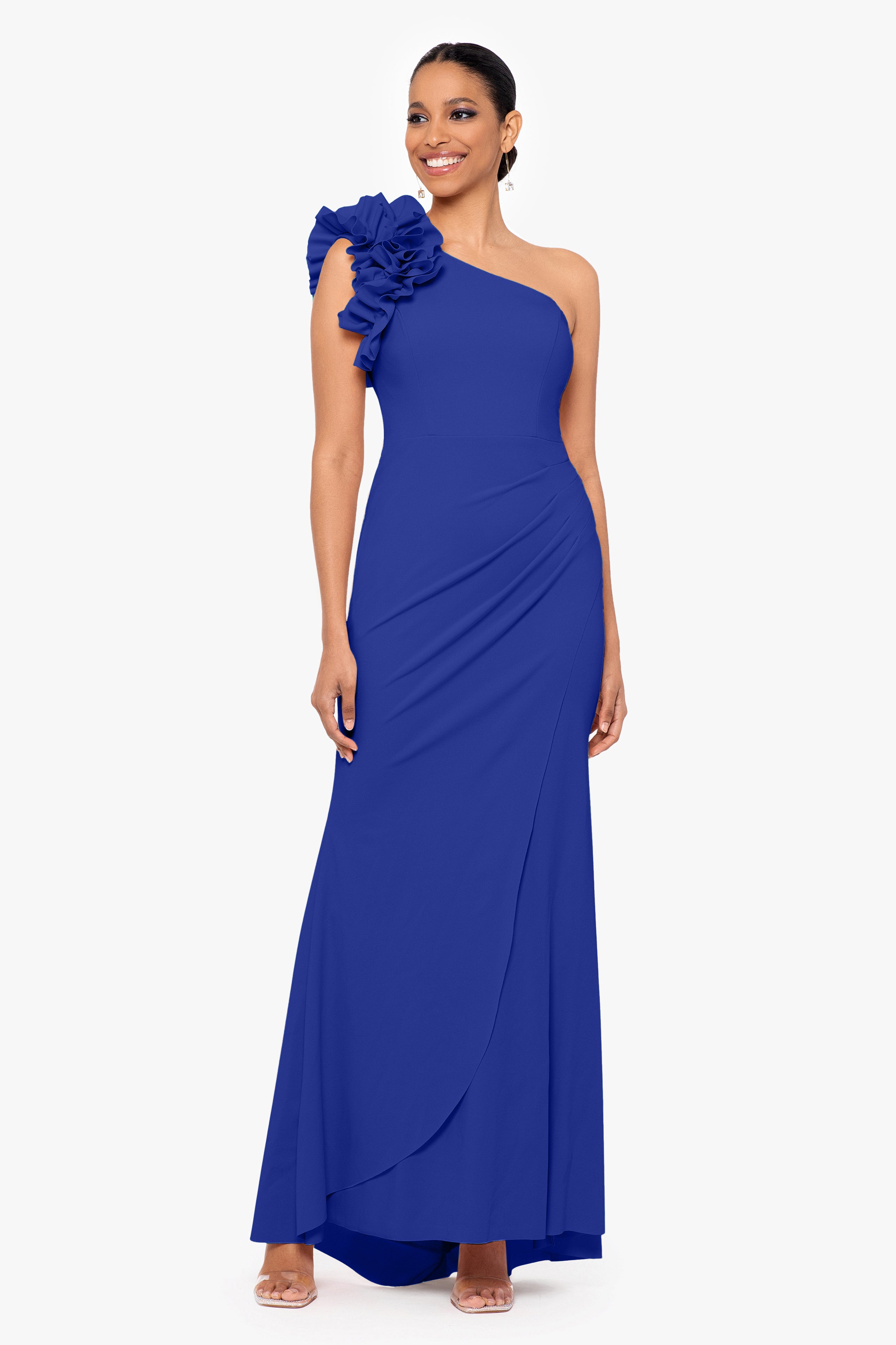 "Ivy" One Shoulder Ruffle Scuba Crepe Dress