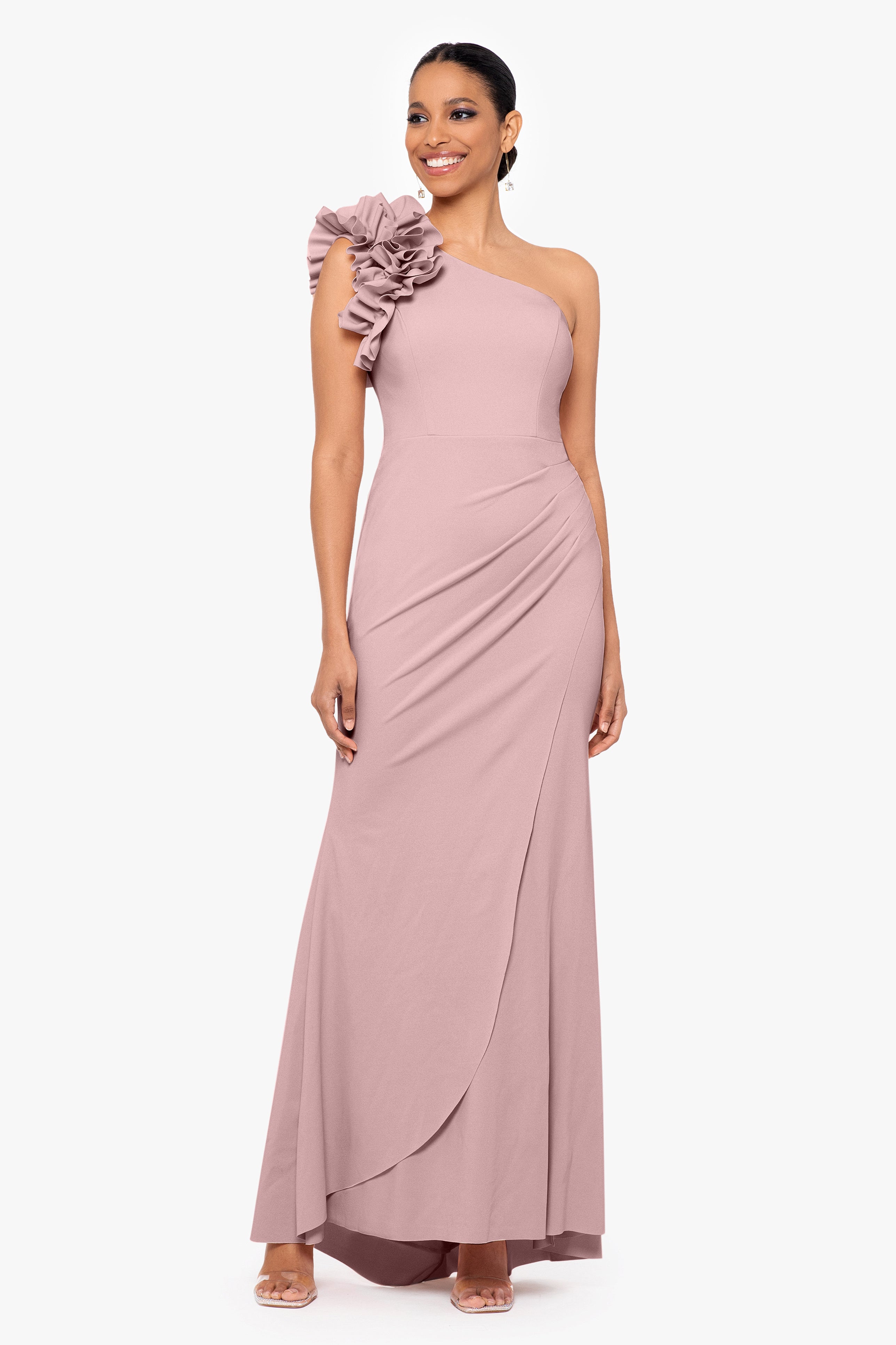 "Ivy" One Shoulder Ruffle Scuba Crepe Dress