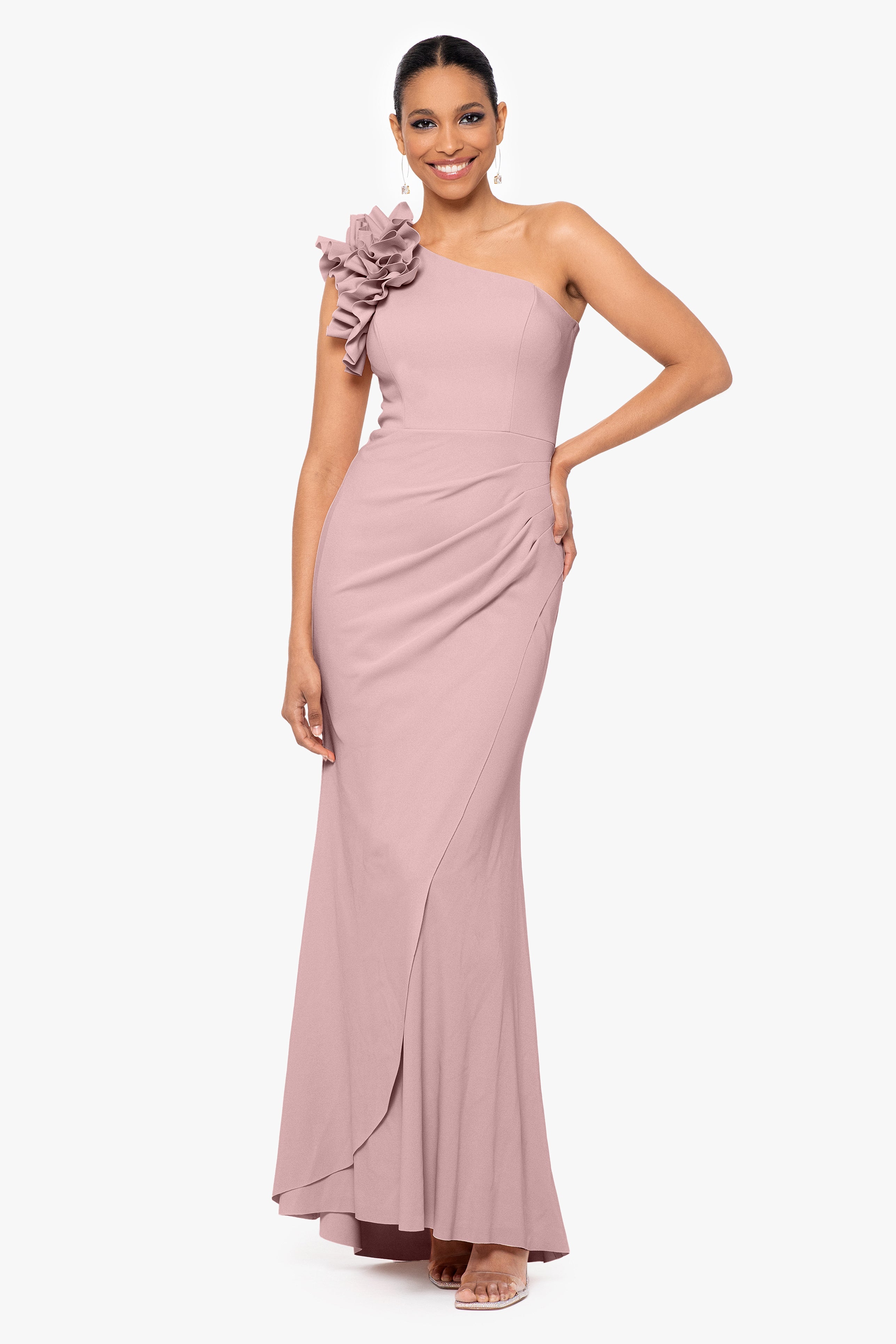 Petite "Ivy" One Shoulder Ruffle Scuba Crepe Dress