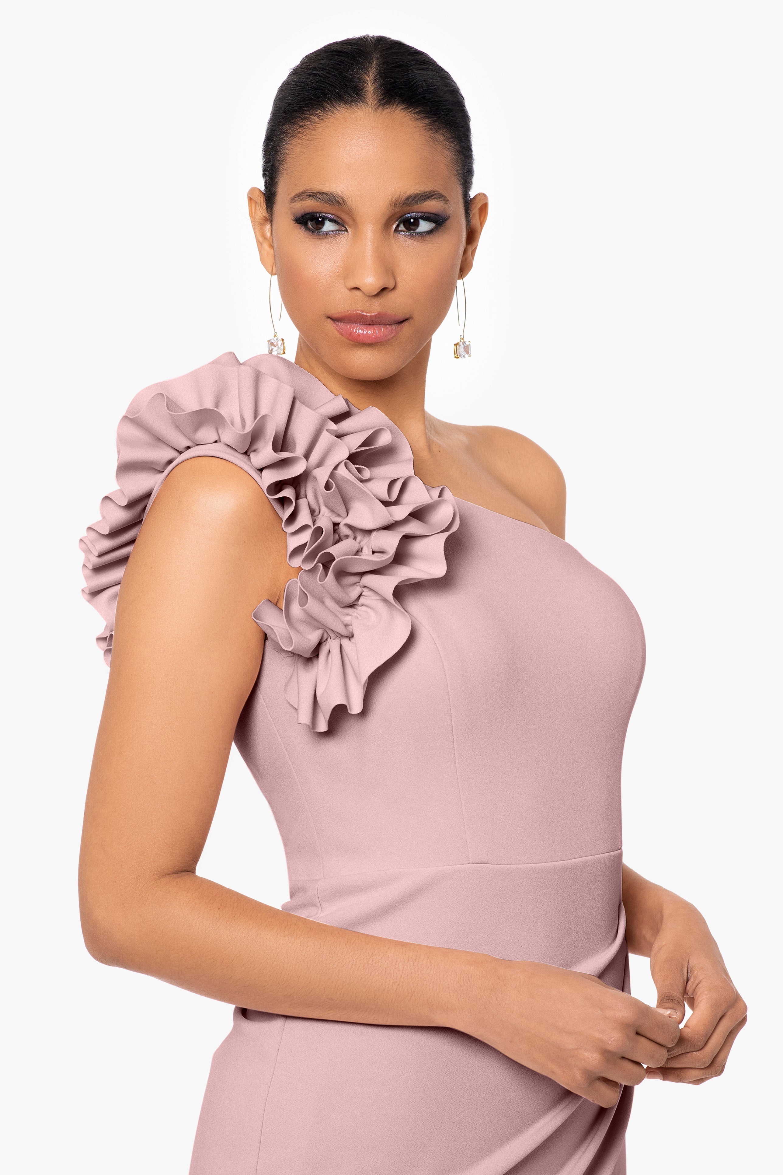 Petite "Ivy" One Shoulder Ruffle Scuba Crepe Dress