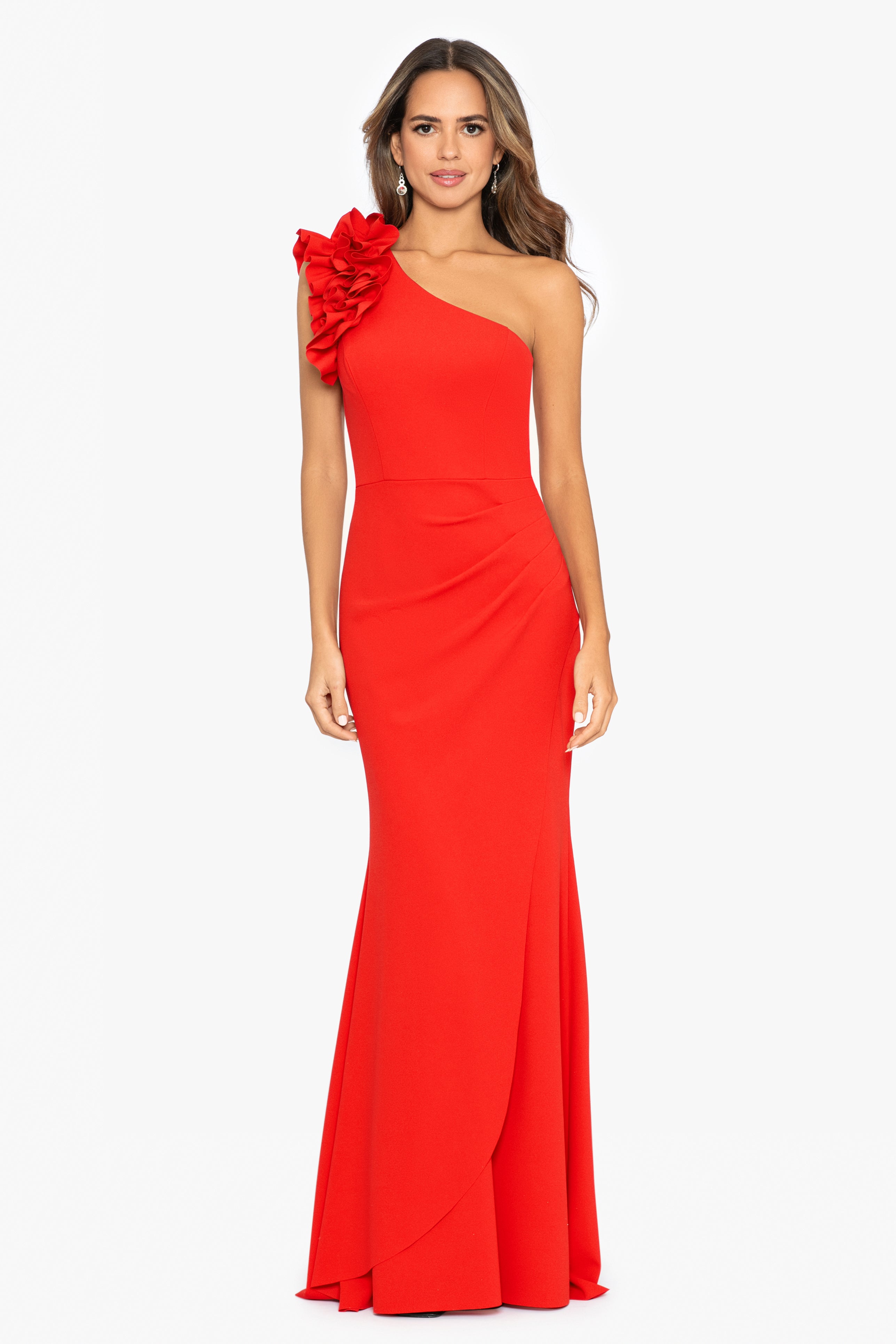 Petite "Ivy" One Shoulder Ruffle Scuba Crepe Dress