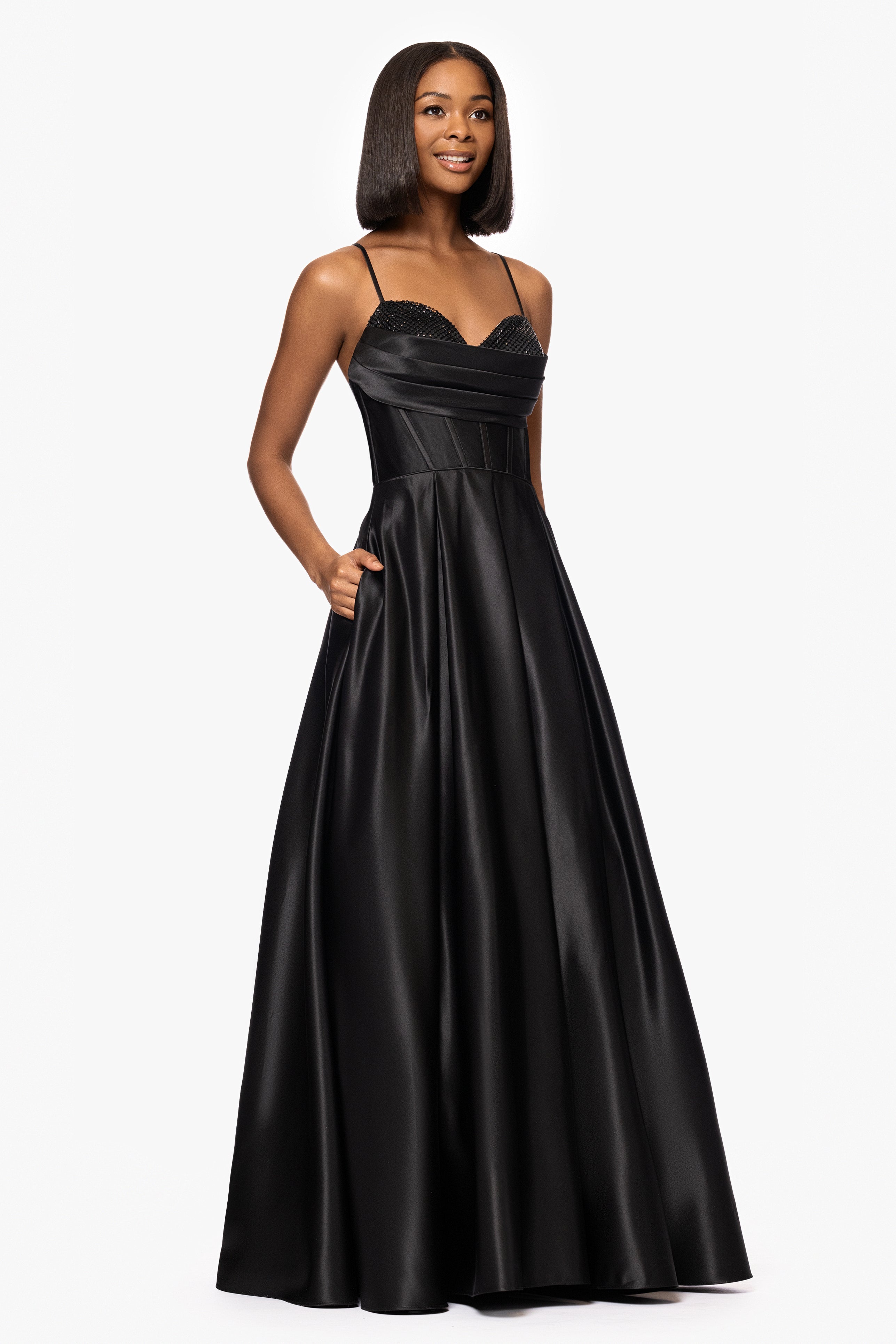 "Leah" Satin Stone Cowl Neck Floor Length Gown