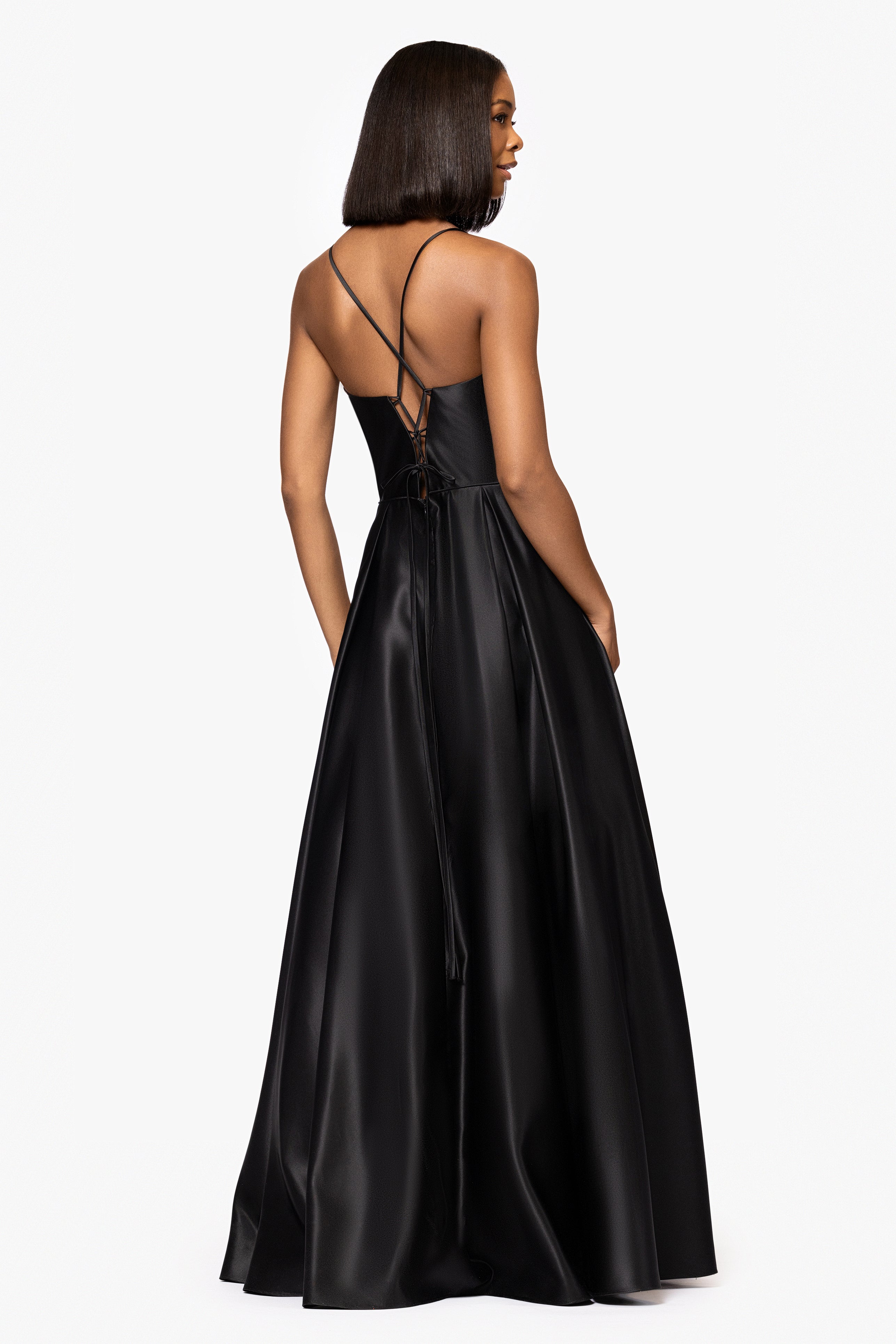 "Leah" Satin Stone Cowl Neck Floor Length Gown