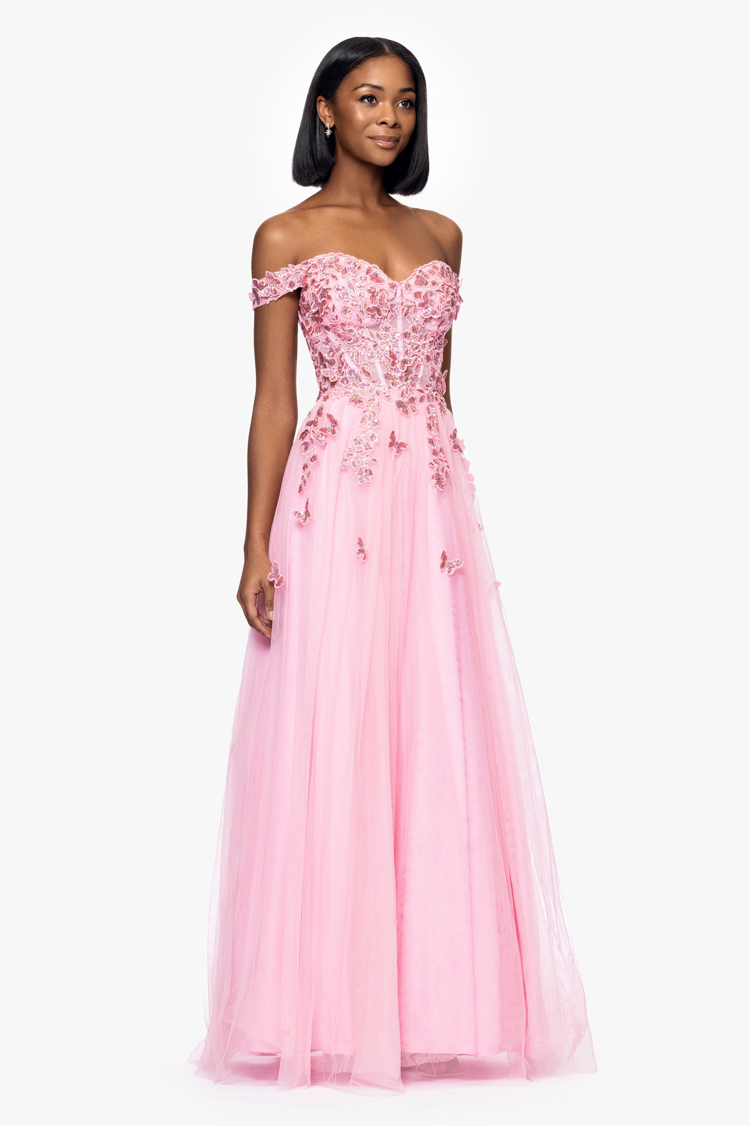 "Luna" Long Off the Shoulder 3D Butterfly Embellished Gown