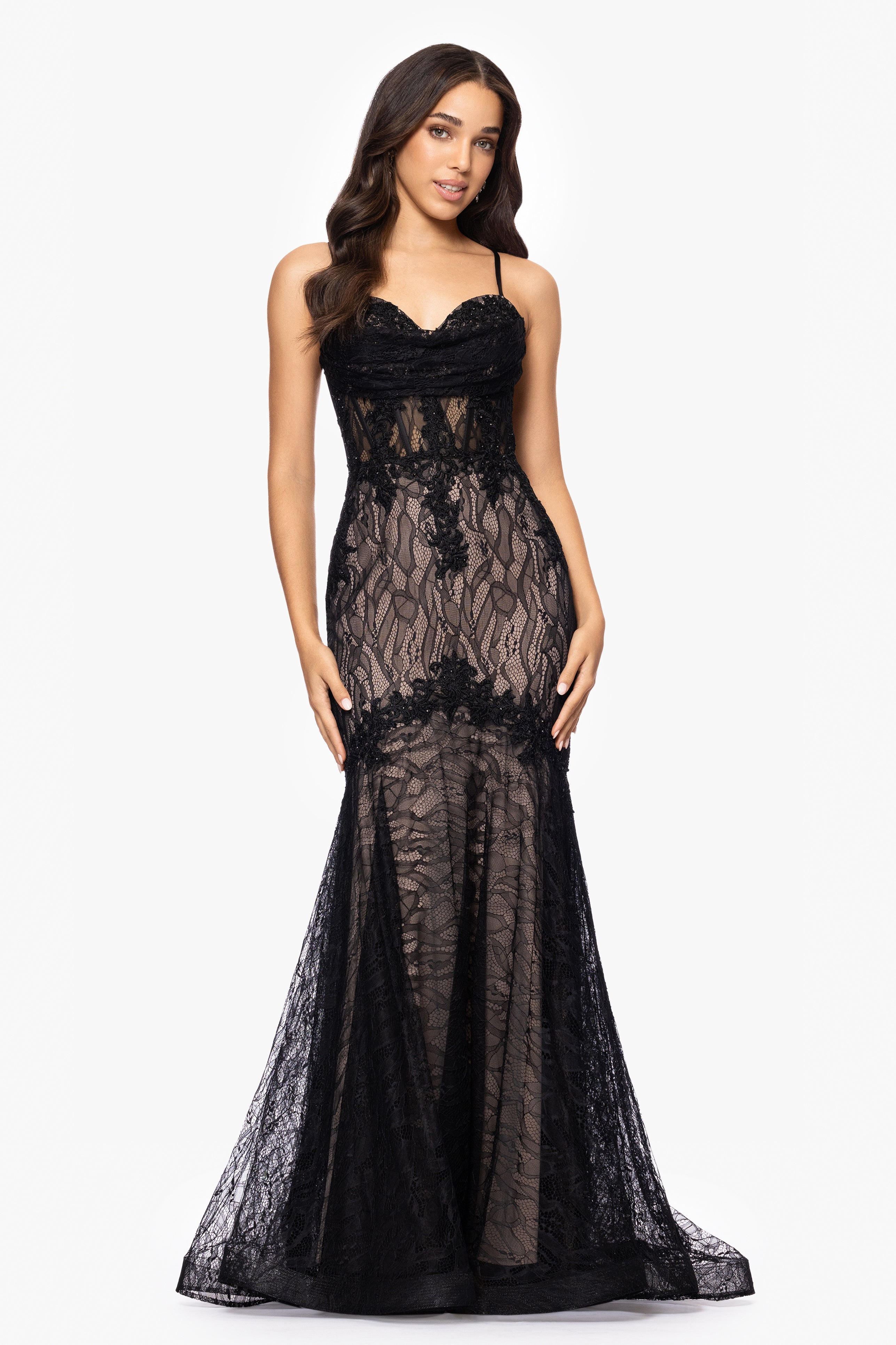 Blondie Nites "Marina" Lace Applique Floor Length Dress