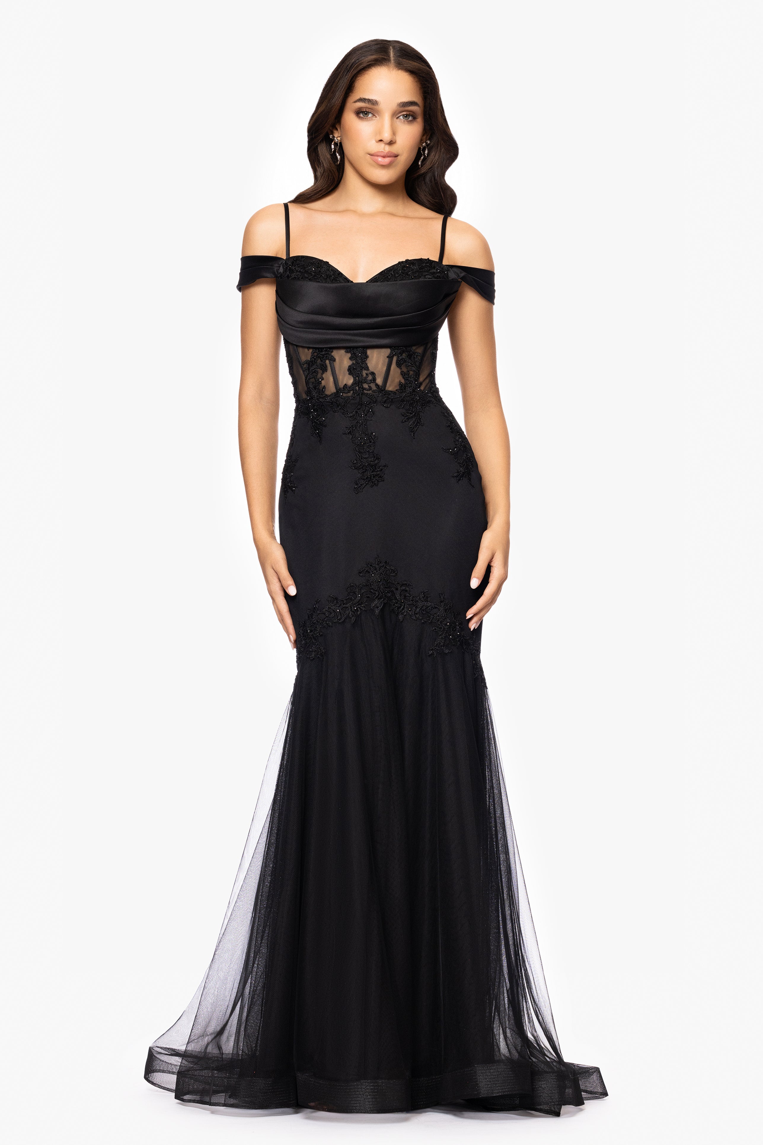 Blondie Nites "Miranda" Mesh Off the Shoulder Applique Floor Length Dress