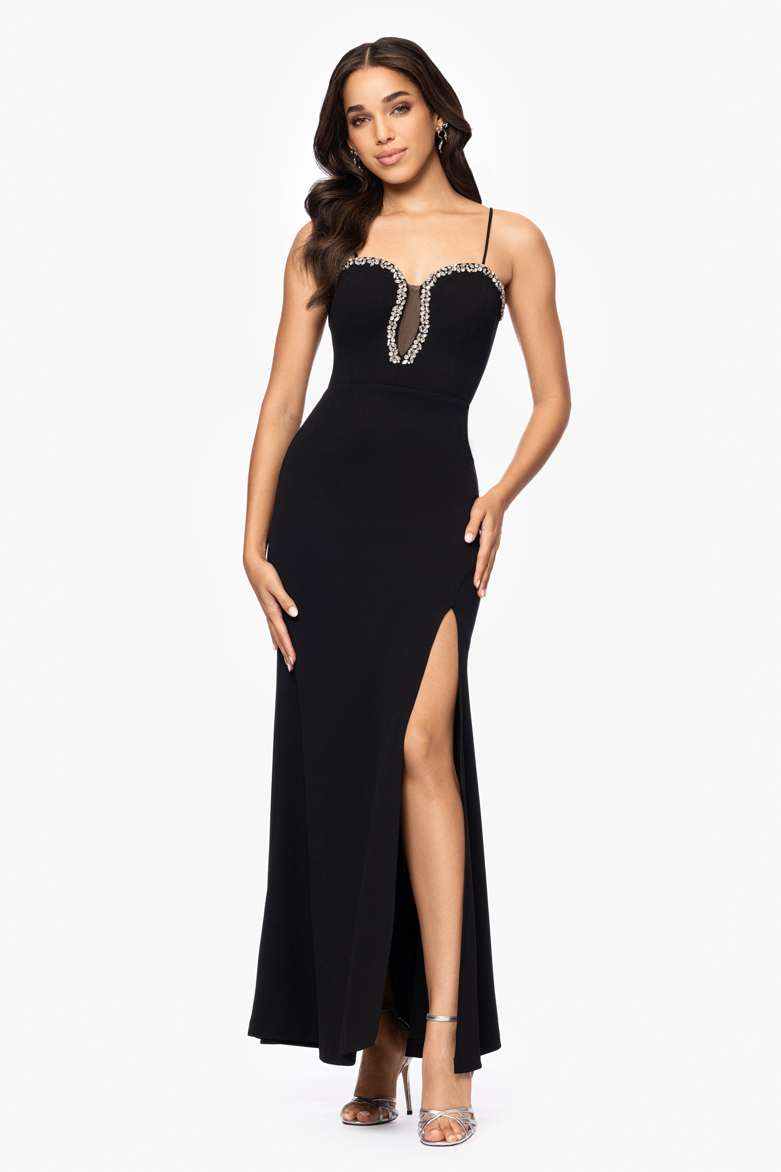 Blondie Nites "Eliza" Scuba Stoned Spaghetti Strap Floor Length Dress