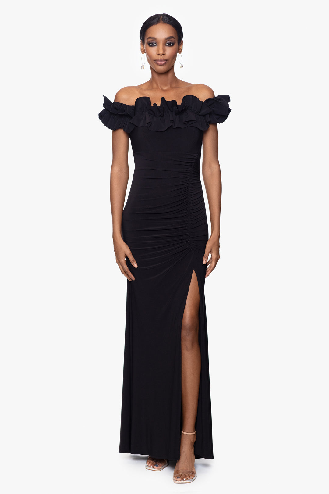 "Ruthie" Long Jersey Knit Off the Shoulder Ruffle Top Dress