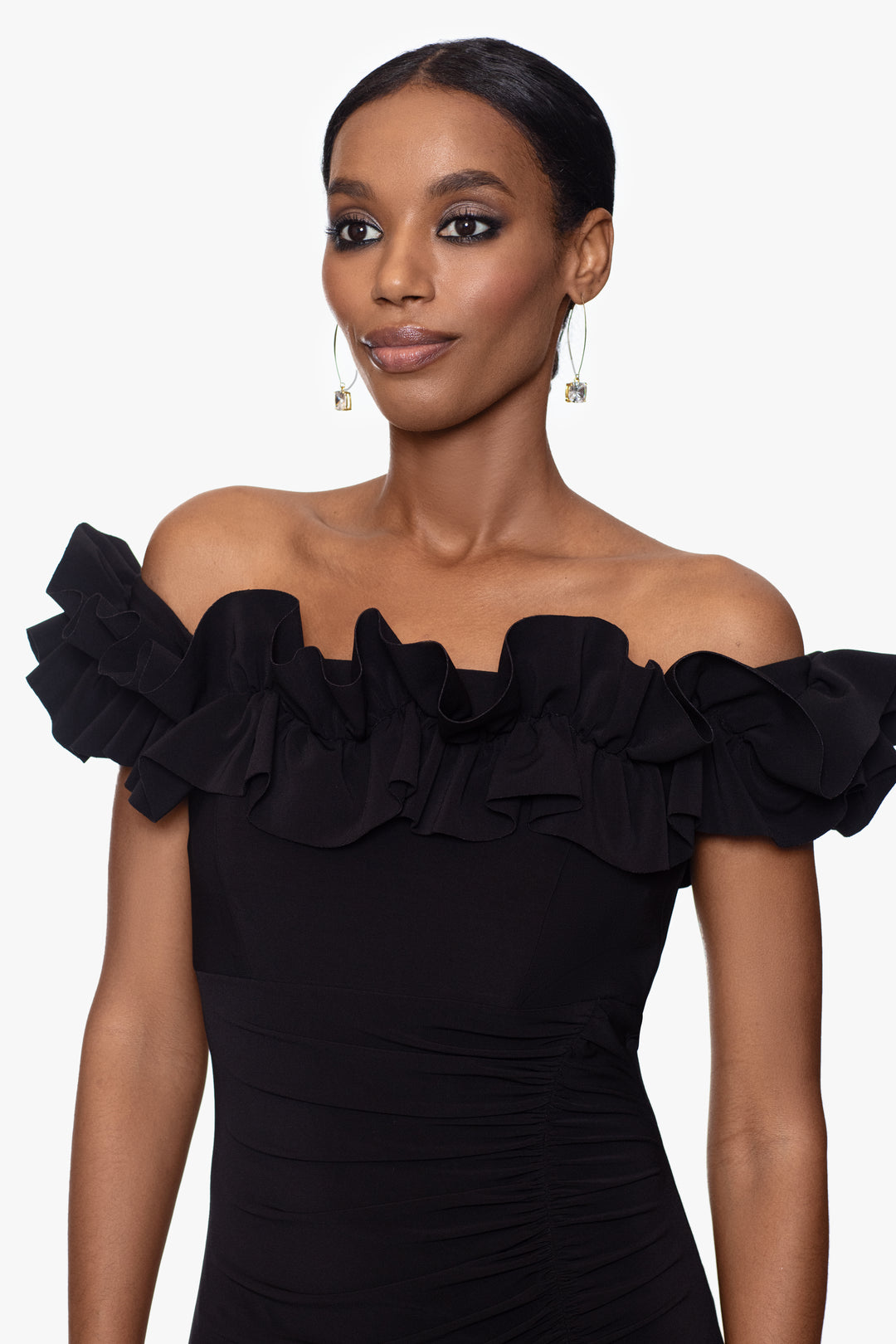 "Ruthie" Long Jersey Knit Off the Shoulder Ruffle Top Dress