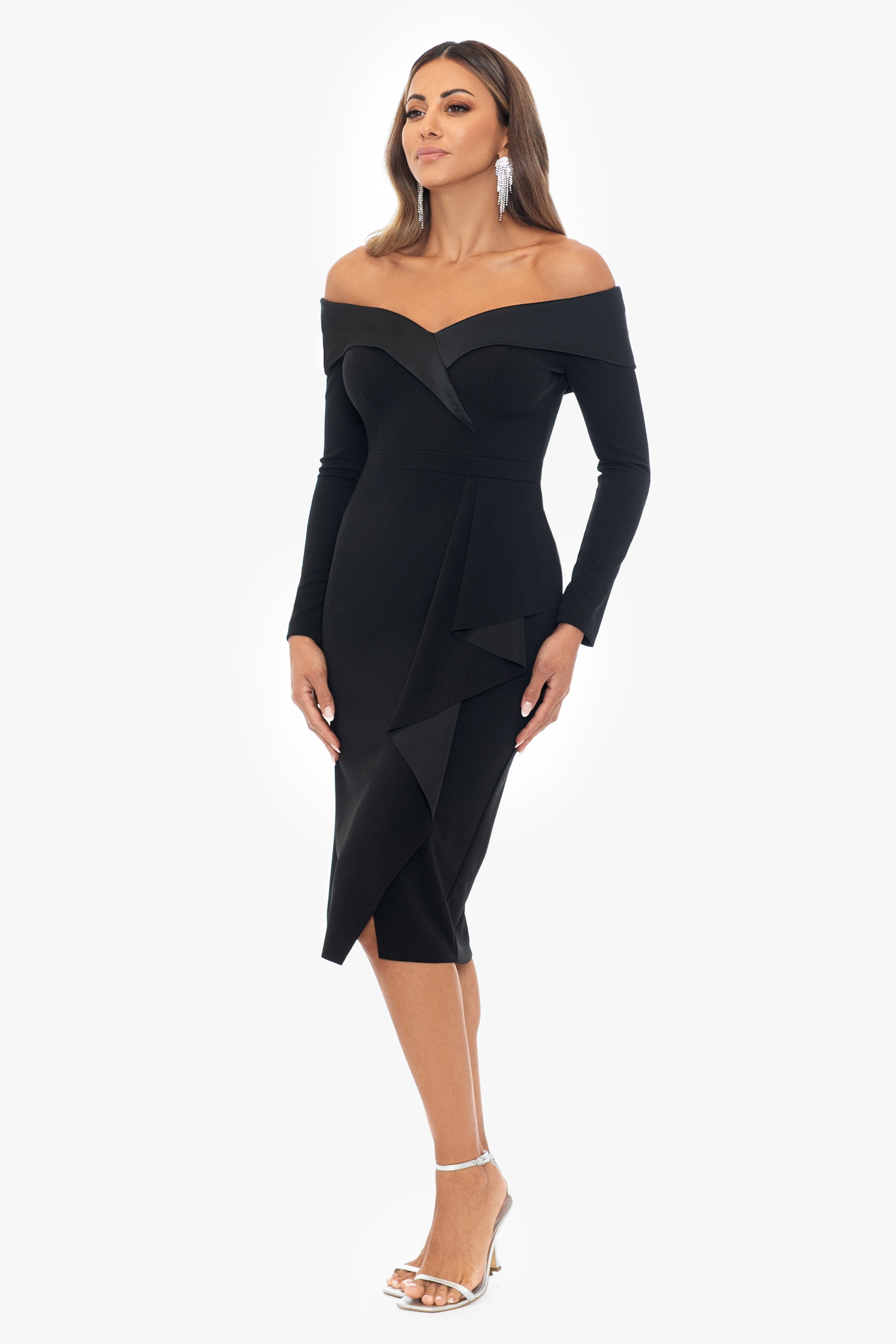 "Kelsey" Short Scuba Crepe Off the Shoulder Long Sleeve Dress