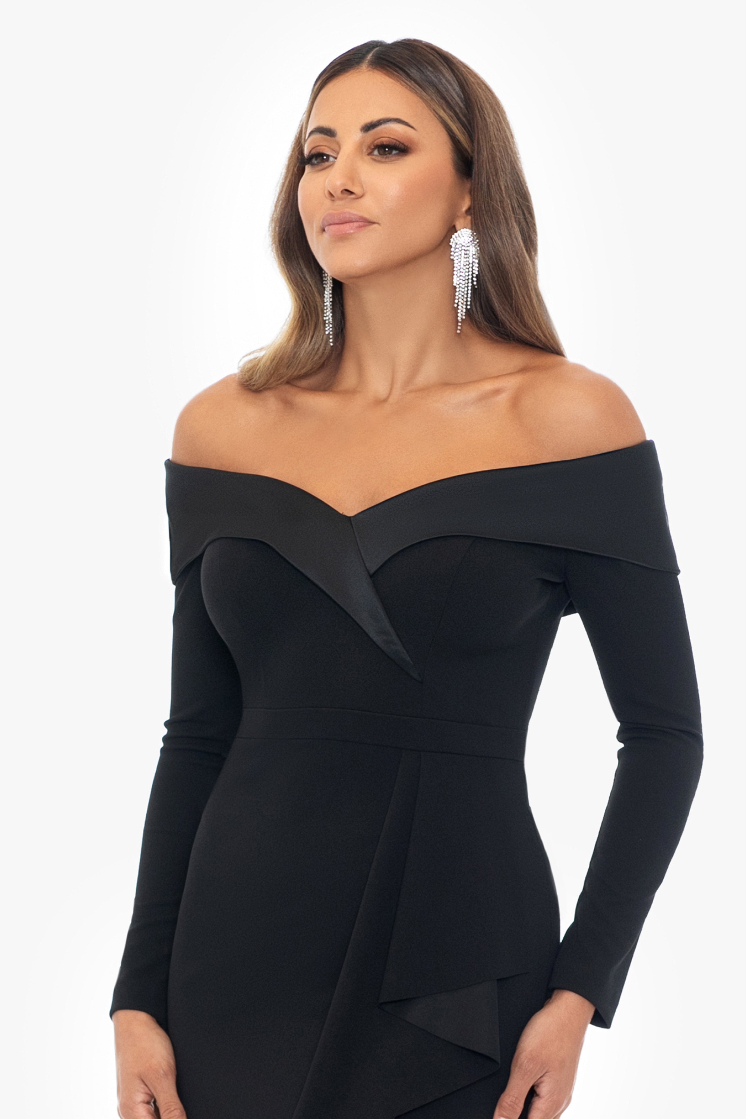 "Kelsey" Short Scuba Crepe Off the Shoulder Long Sleeve Dress