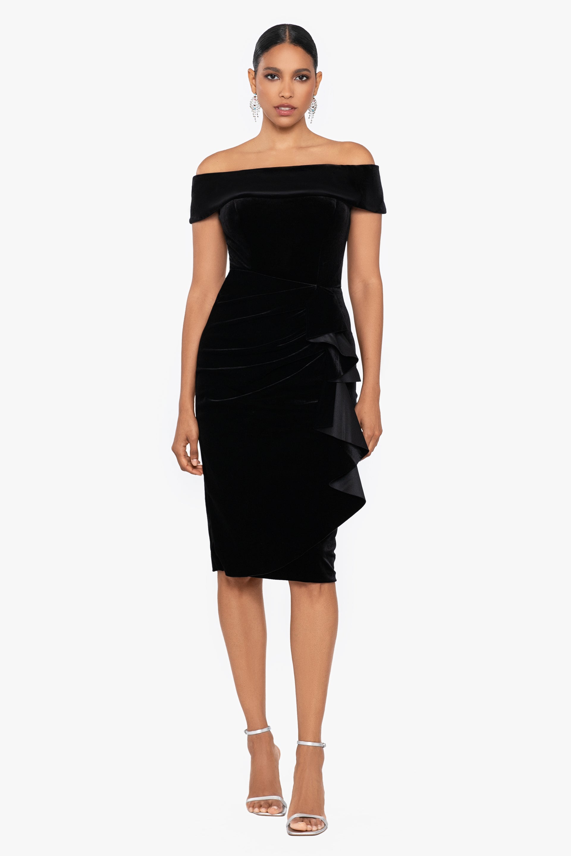 "Cassandra" Off Shoulder Velvet Ruffle Knee Length Dress